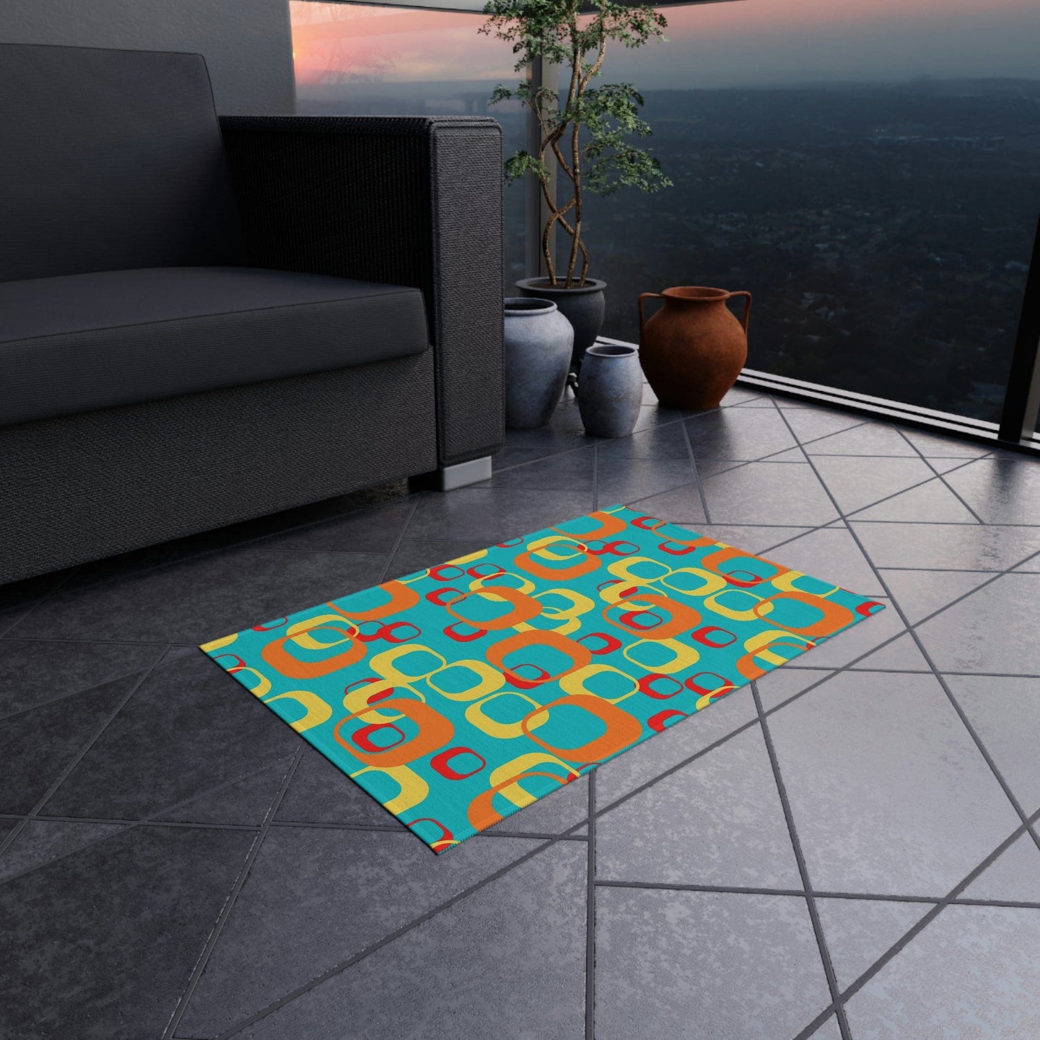 Mid Century Modern Aqua, Yellow, Red, Geometric, Retro Indoor, Outdoor Rug Home Decor
