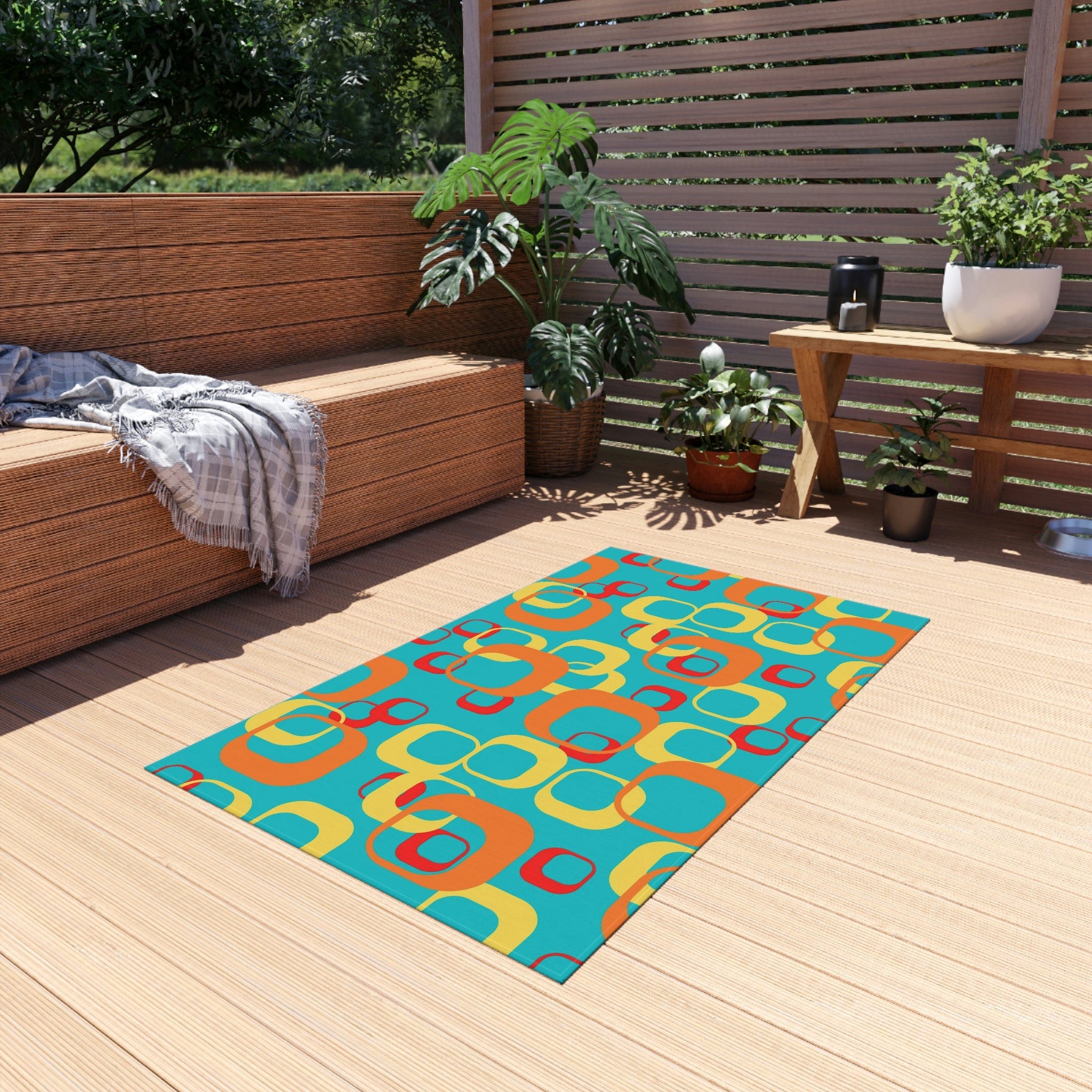 Mid Century Modern Aqua, Yellow, Red, Geometric, Retro Indoor, Outdoor Rug Home Decor