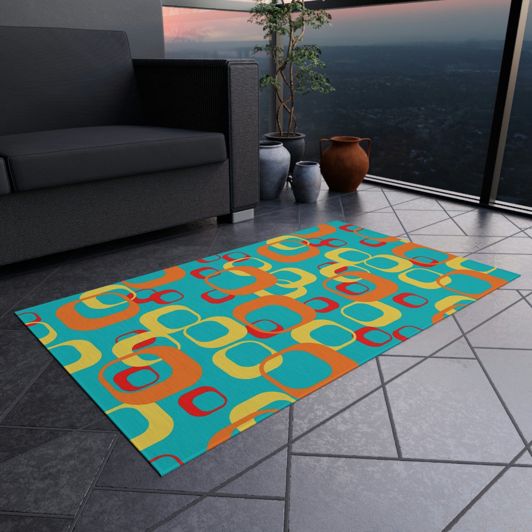 Mid Century Modern Aqua, Yellow, Red, Geometric, Retro Indoor, Outdoor Rug Home Decor