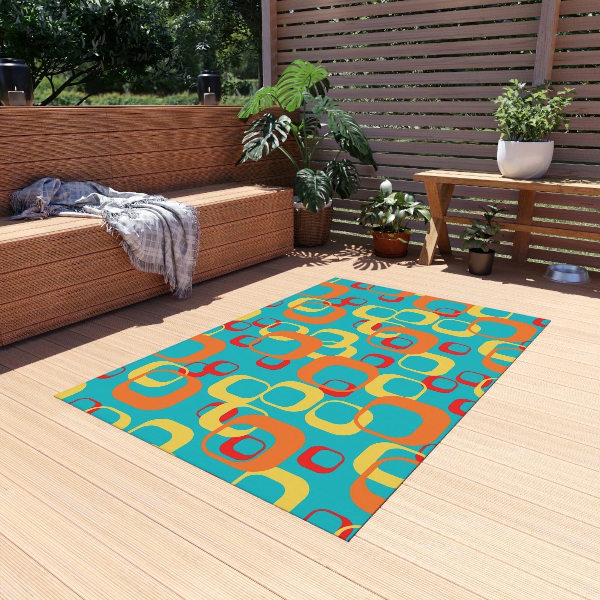 Mid Century Modern Aqua, Yellow, Red, Geometric, Retro Indoor, Outdoor Rug Home Decor