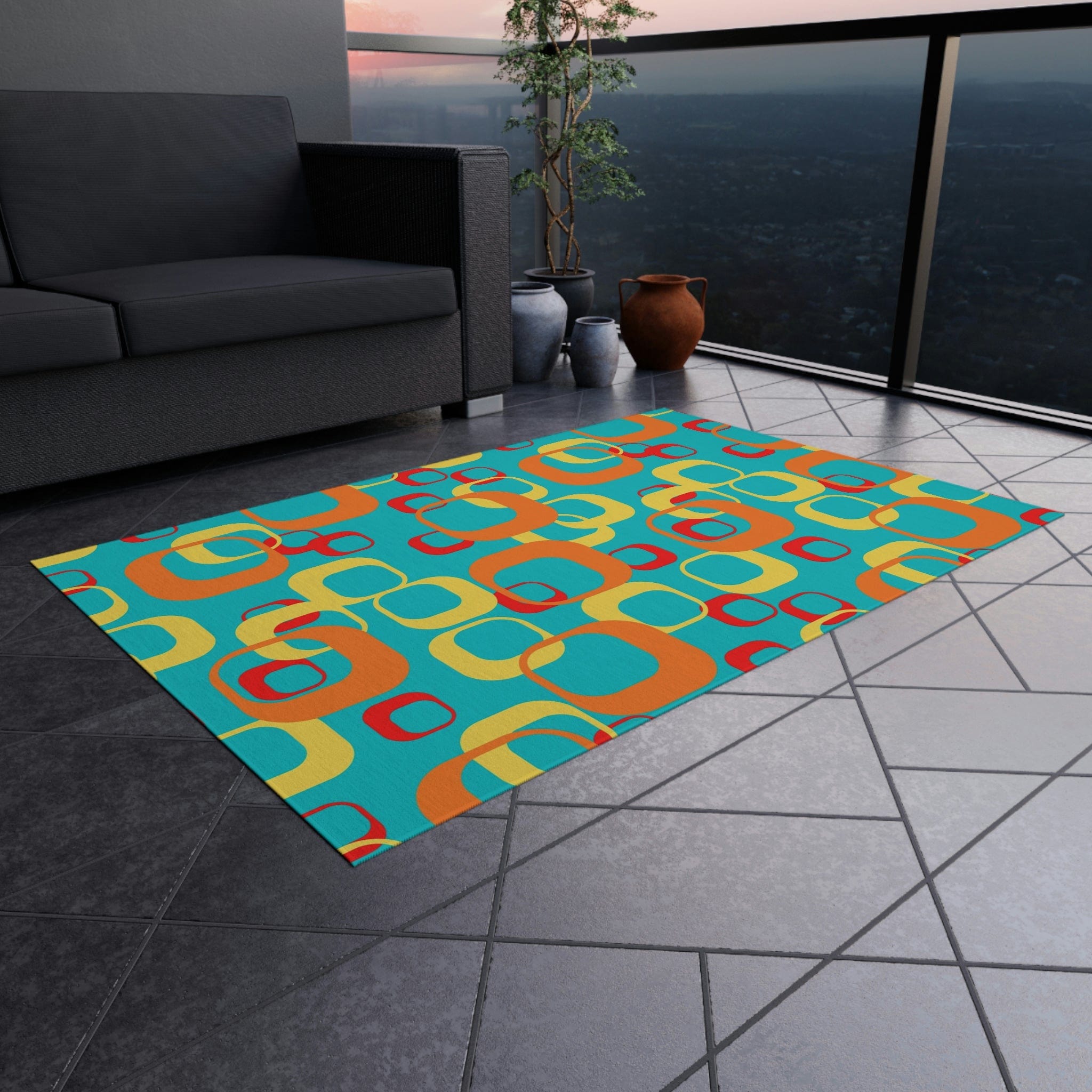 Mid Century Modern Aqua, Yellow, Red, Geometric, Retro Indoor, Outdoor Rug Home Decor