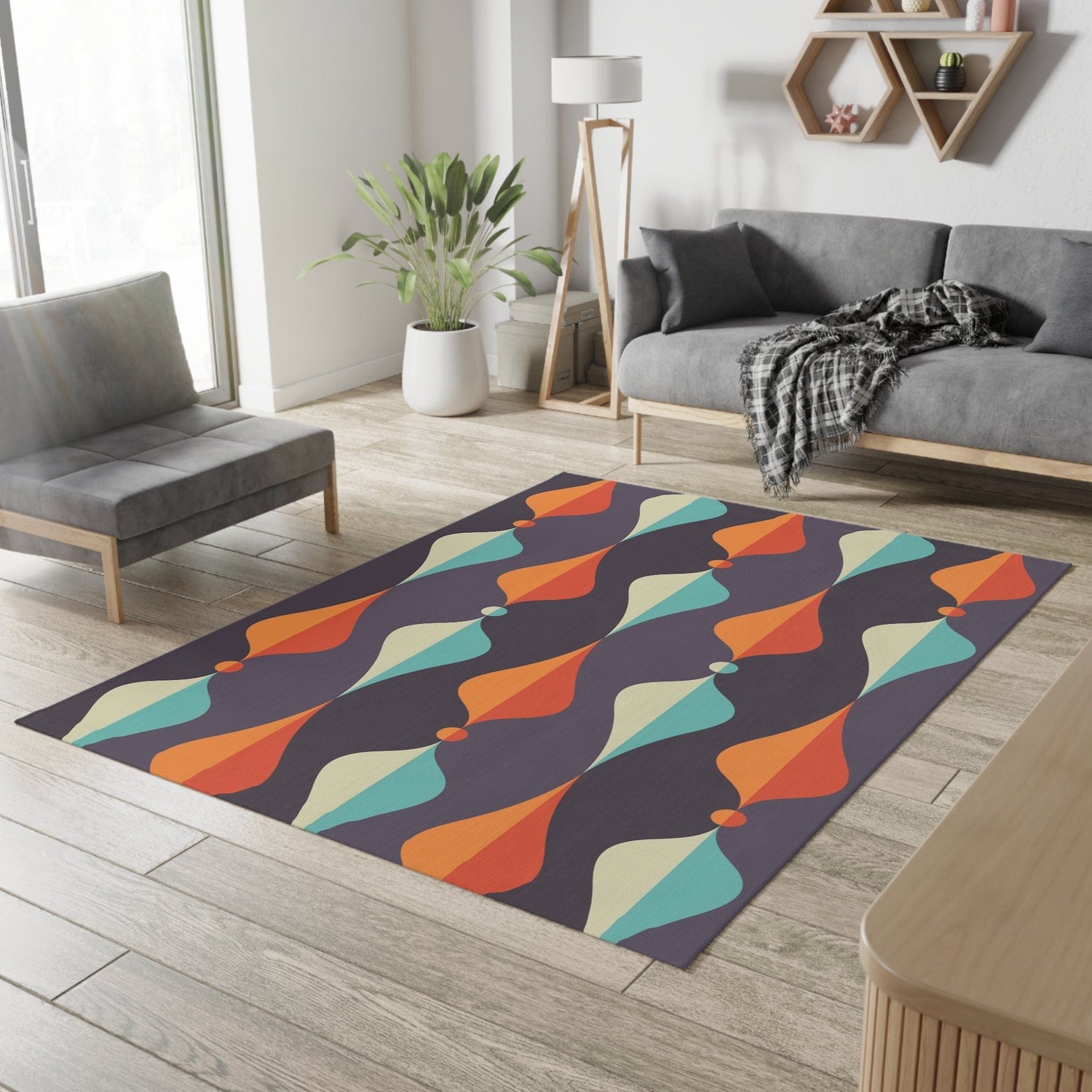 Mid Century Modern Area Rug, Geometric Groovy Wave Lanterns, Eggplant Purple, Orange, Mustard Yellow, Teal, Retro Home Mod Home Decor Home Decor
