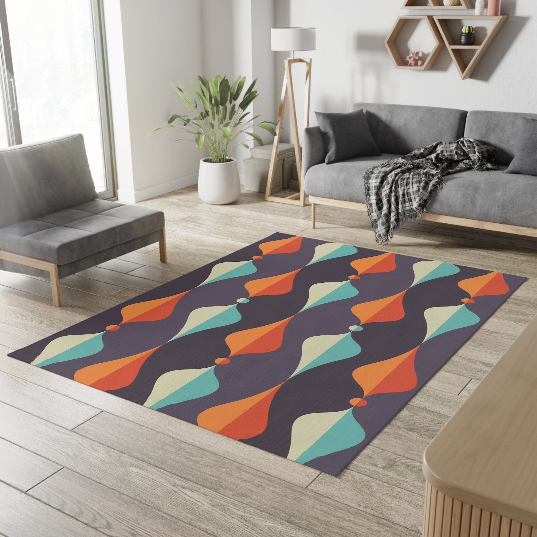 Mid Century Modern Area Rug, Geometric Groovy Wave Lanterns, Eggplant Purple, Orange, Mustard Yellow, Teal, Retro Home Mod Home Decor Home Decor
