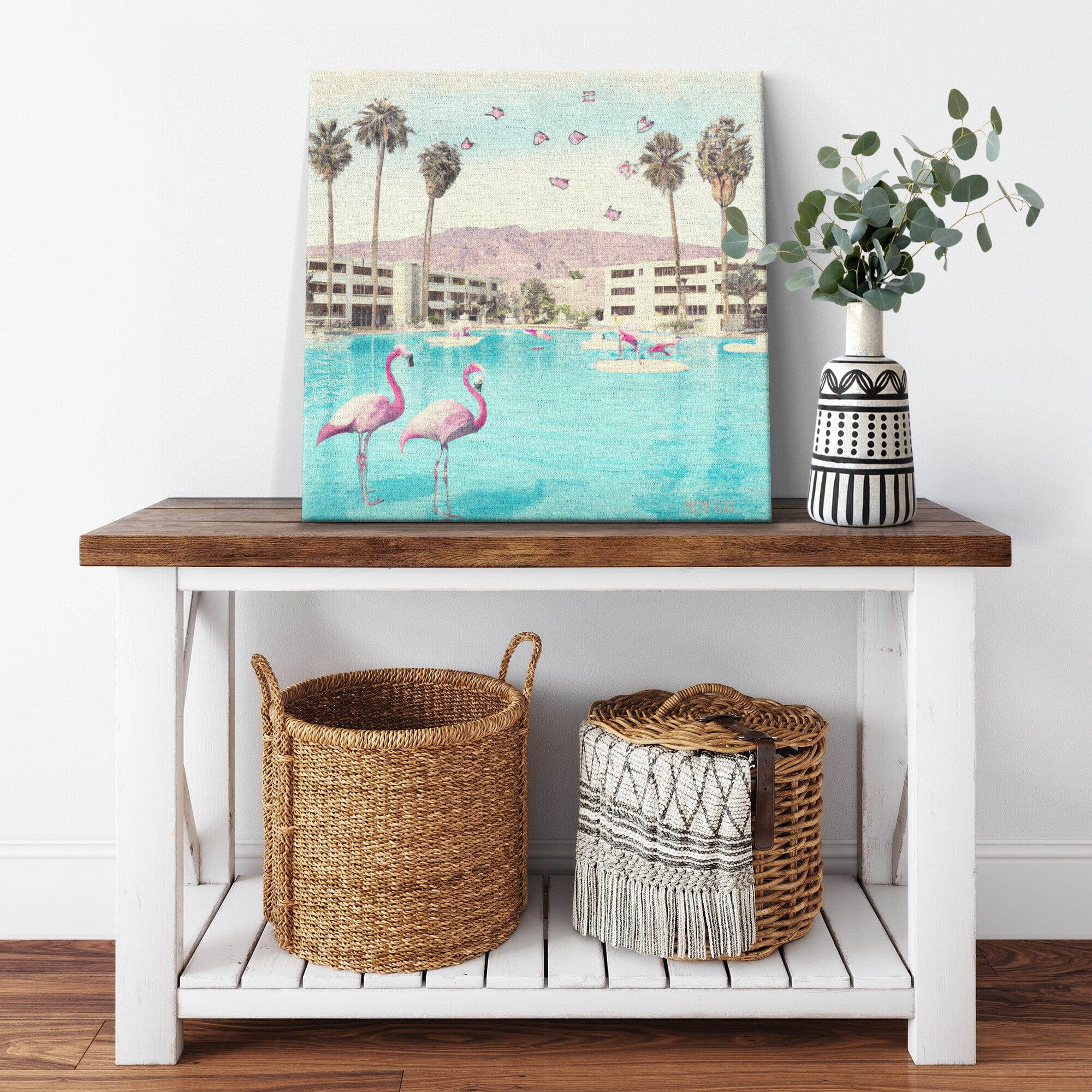 Mid Century Modern Art, Pink Flamingos, Palm Springs California Desert, Retro Wall Art Wall Art