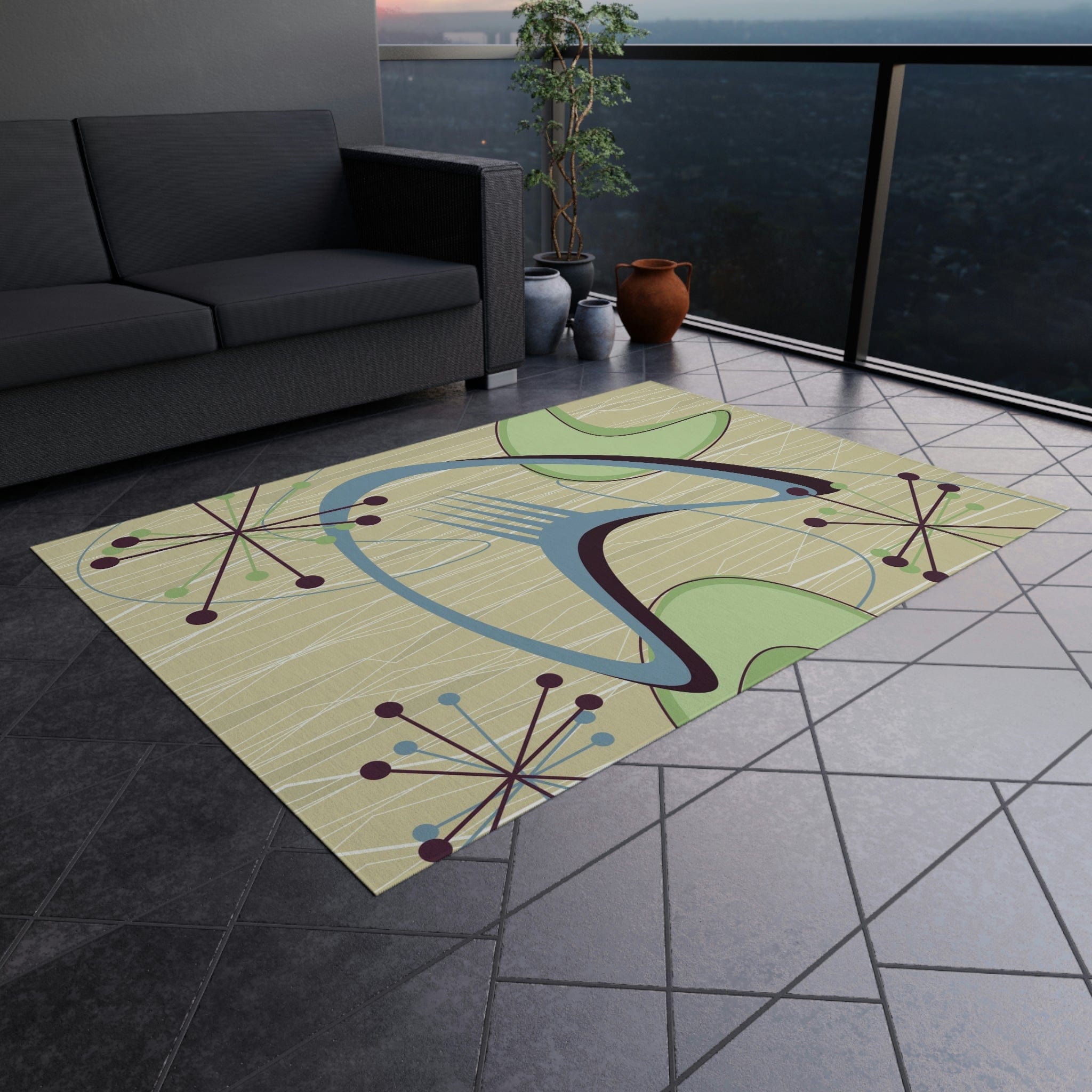Mid Century Modern Atomic Boomerang, Green, Blue, Starburst, Retro Indoor, Outdoor Rug Home Decor
