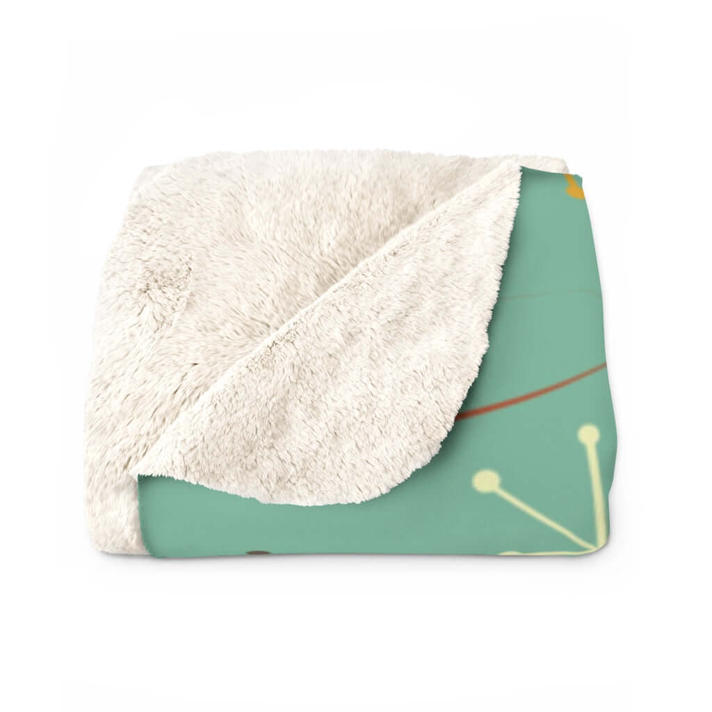 Mid Century Modern Atomic Boomerang Retro Blanket, Mint Green, Rust, Cream Cozy Sherpa Fleece Home Decor