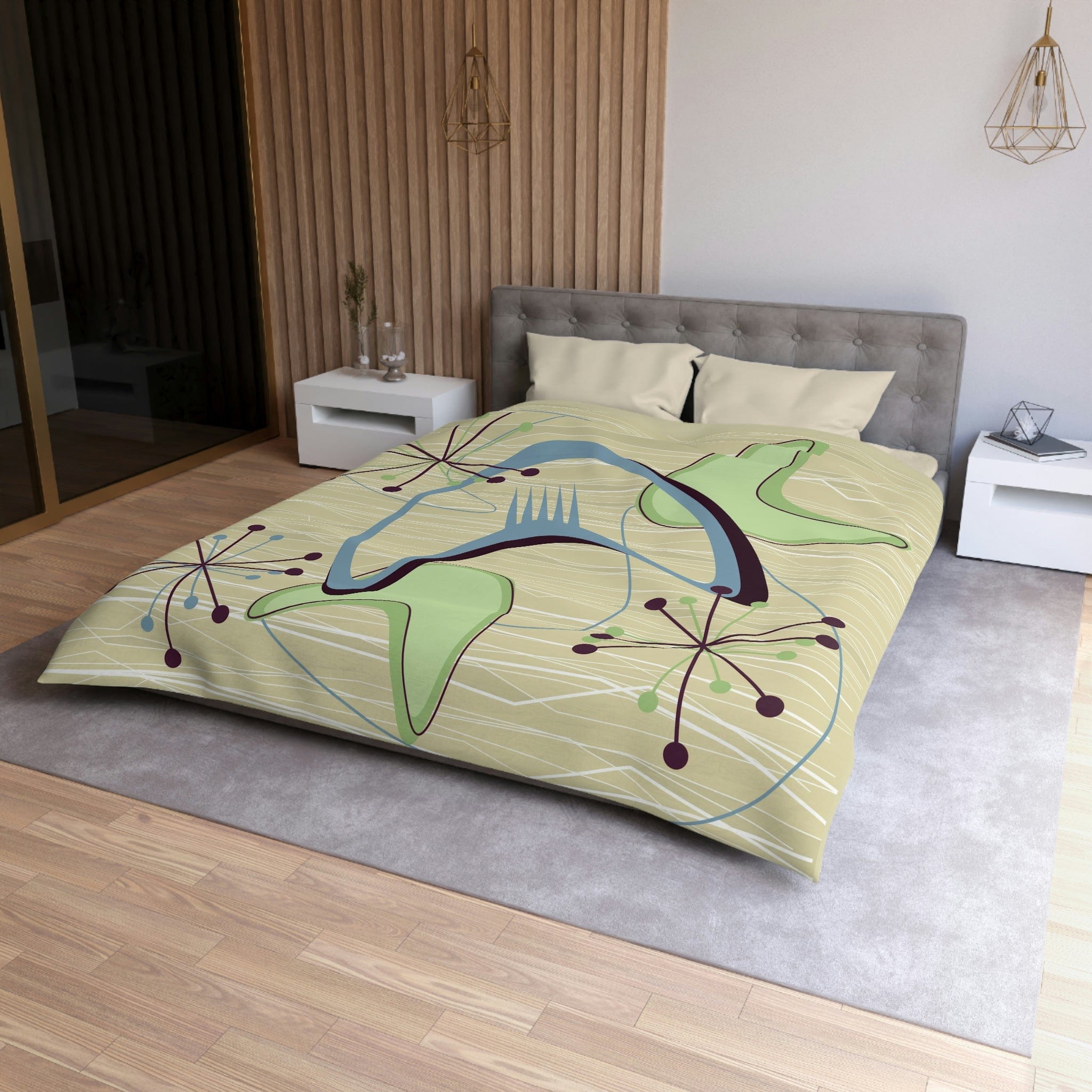 Mid Century Modern Atomic Boomerang, Retro, Green, Blue, Starburst, Sputnik Modern Duvet Cover Home Decor