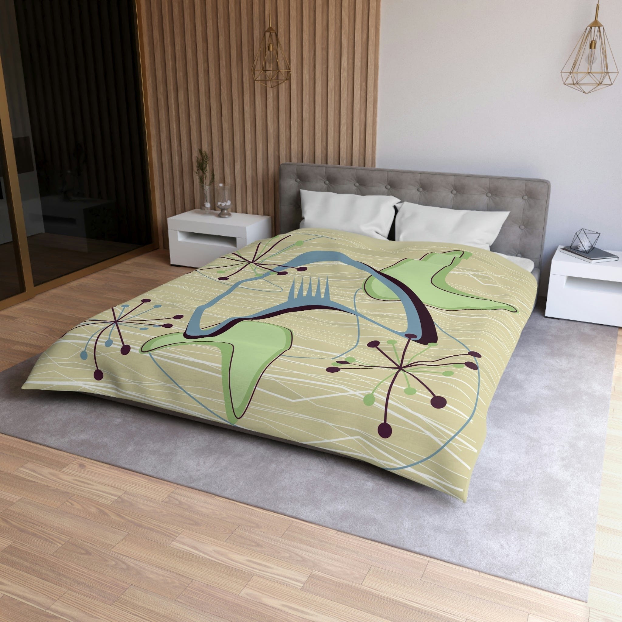 Mid Century Modern Atomic Boomerang, Retro, Green, Blue, Starburst, Sputnik Modern Duvet Cover Home Decor