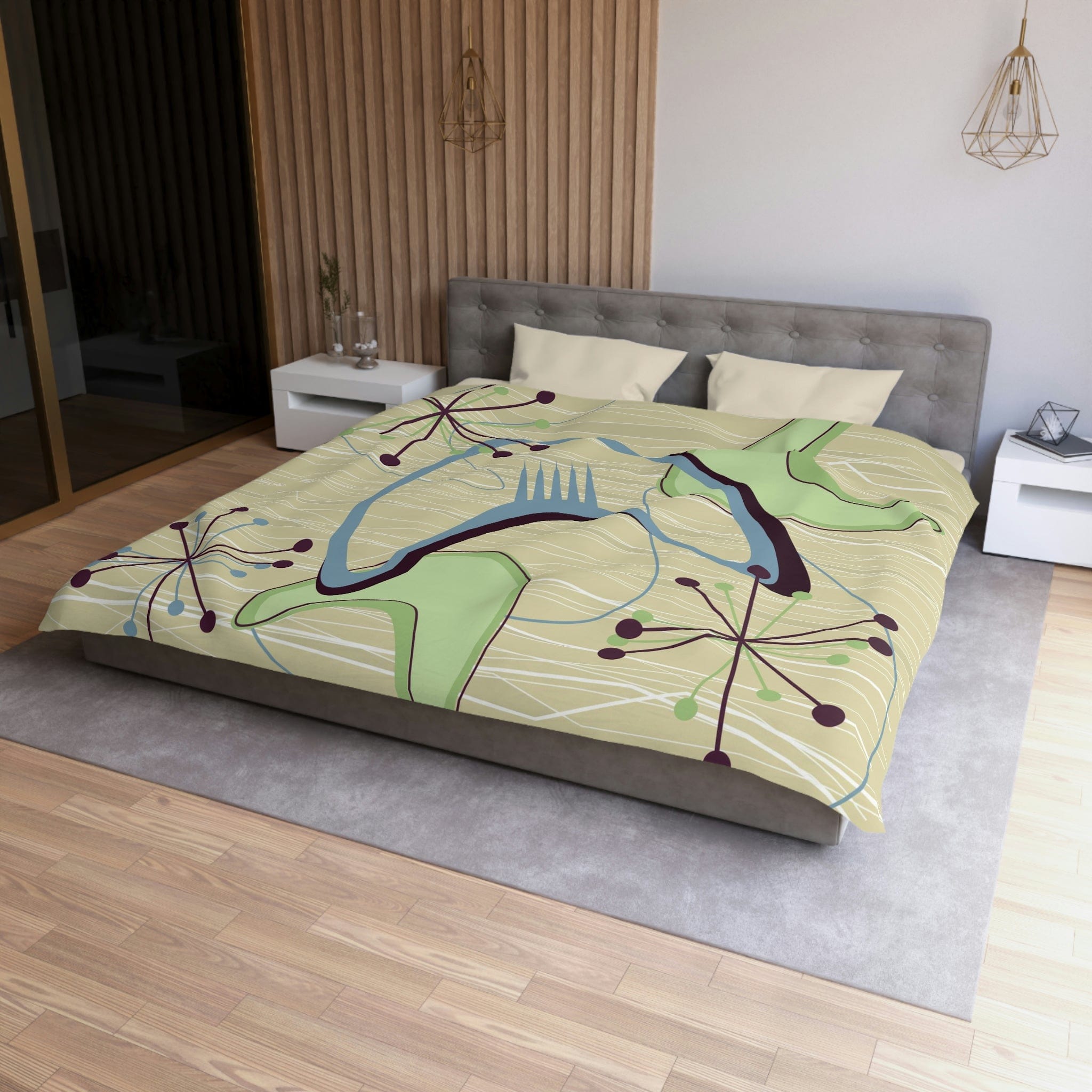 Mid Century Modern Atomic Boomerang, Retro, Green, Blue, Starburst, Sputnik Modern Duvet Cover Home Decor