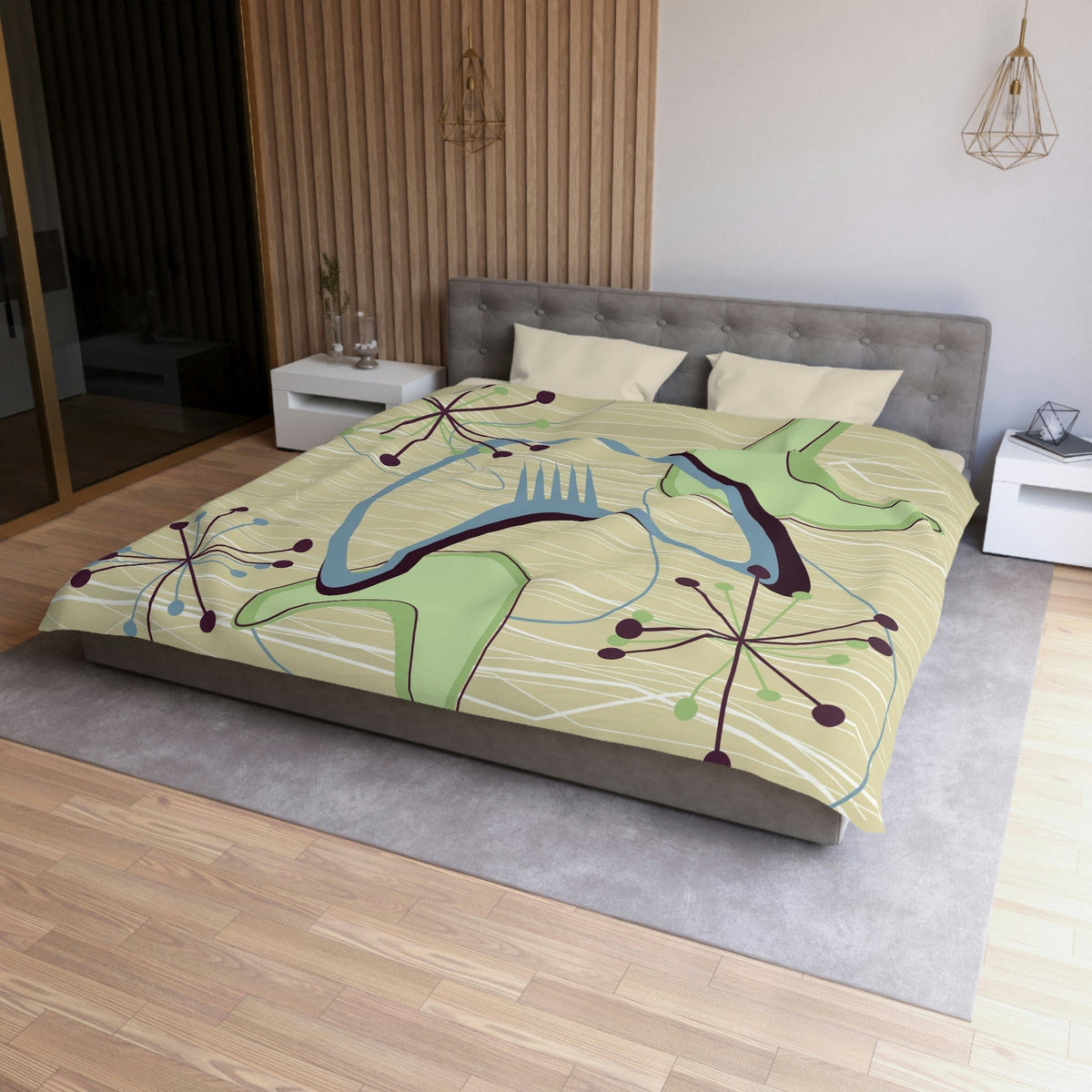 Mid Century Modern Atomic Boomerang, Retro, Green, Blue, Starburst, Sputnik Modern Duvet Cover Home Decor