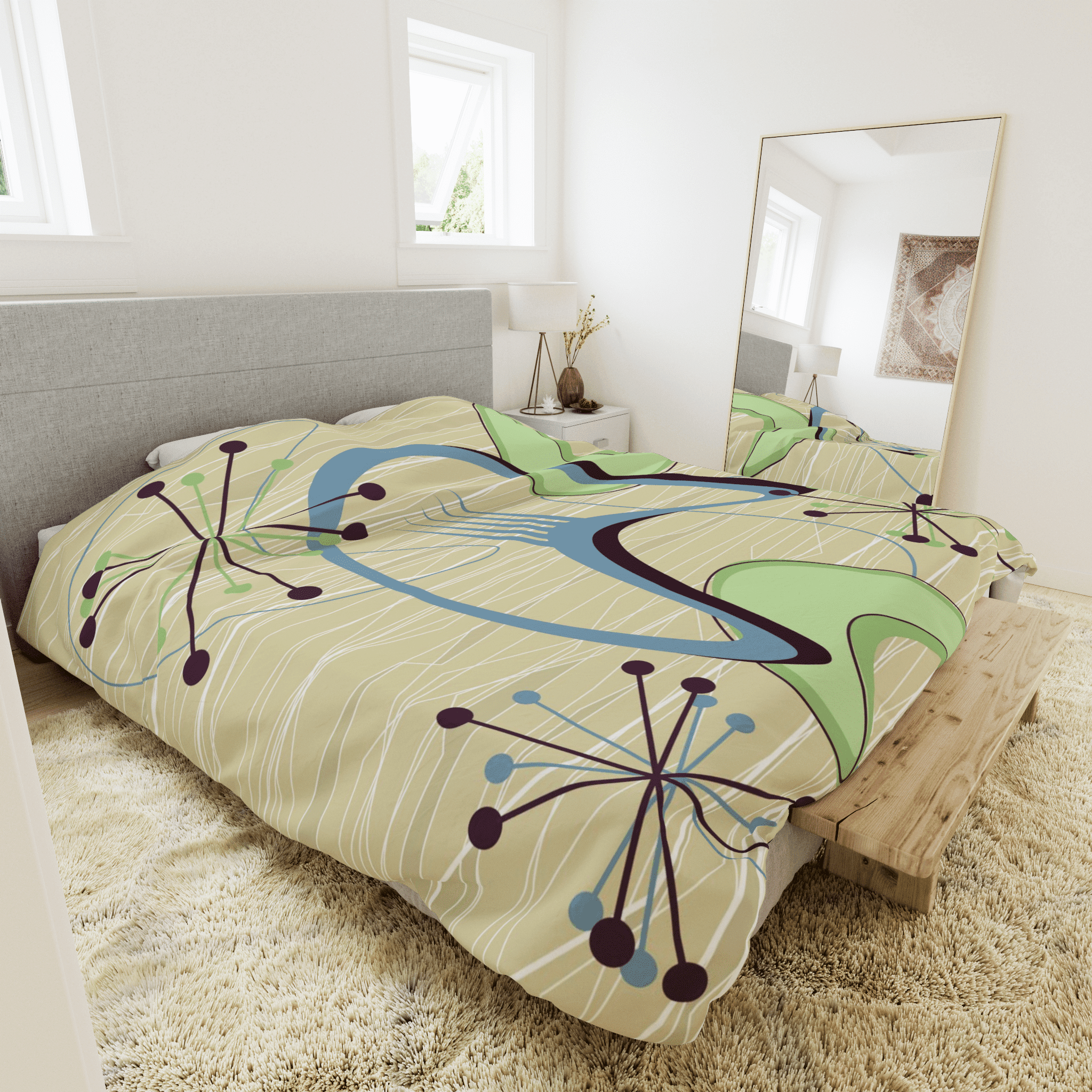 Mid Century Modern Atomic Boomerang, Retro, Green, Blue, Starburst, Sputnik Modern Duvet Cover Home Decor