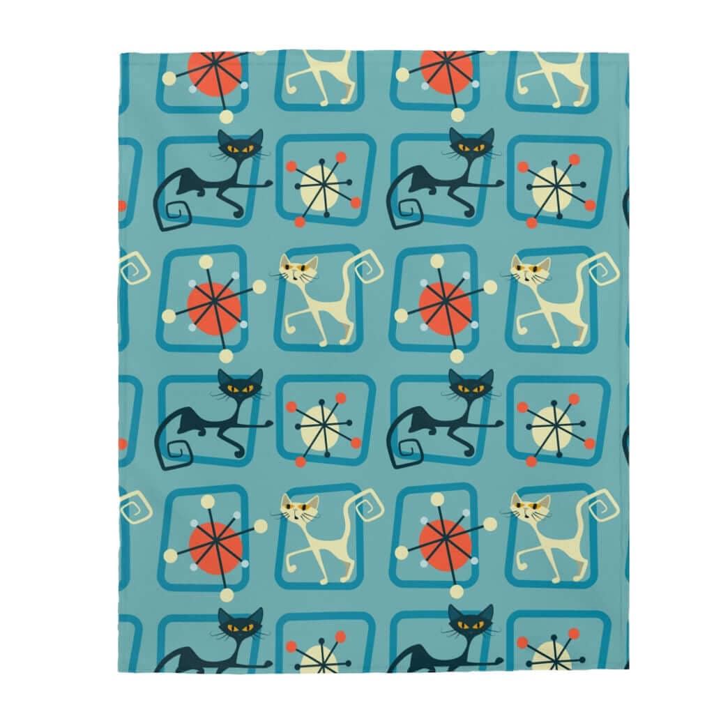 Mid Century Modern Atomic Cat, Denim Blue, Geometric, Abstract THIN Velveteen Plush Blanket All Over Prints