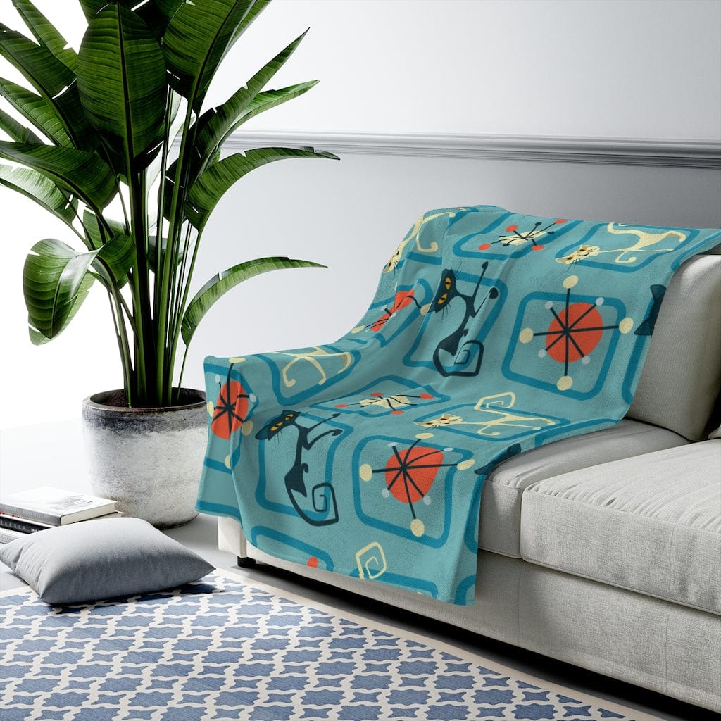 Mid Century Modern Atomic Cat, Denim Blue, Geometric, Abstract THIN Velveteen Plush Blanket All Over Prints