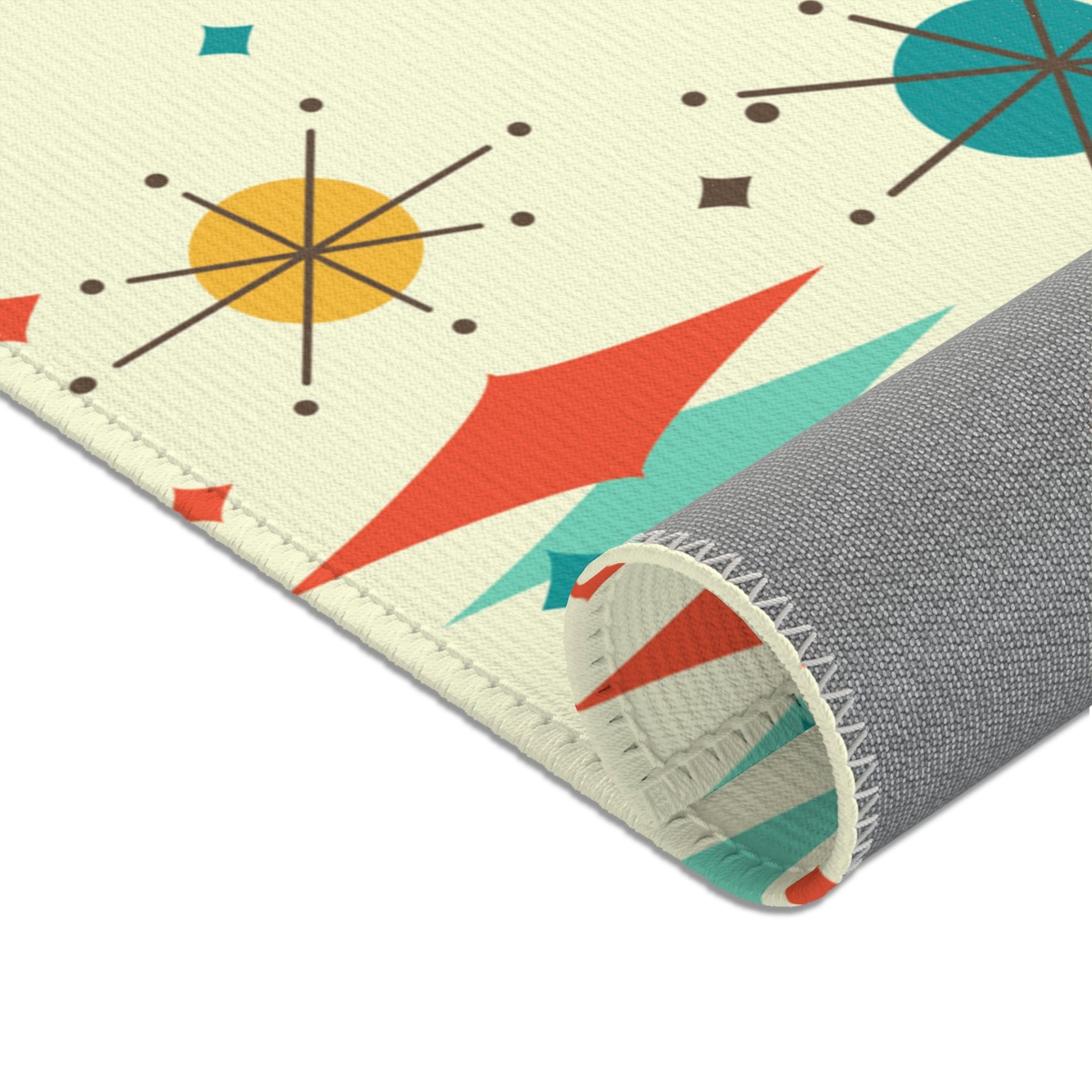 Mid Century Modern Atomic Franciscan Retro MCM Mid Mod, Creamy Beige, Teal, Aqua, Mustard Yellow Area Rug Home Decor
