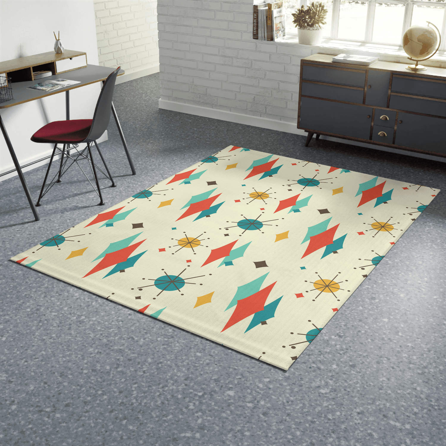 Mid Century Modern Atomic Franciscan Retro MCM Mid Mod, Creamy Beige, Teal, Aqua, Mustard Yellow Area Rug Home Decor
