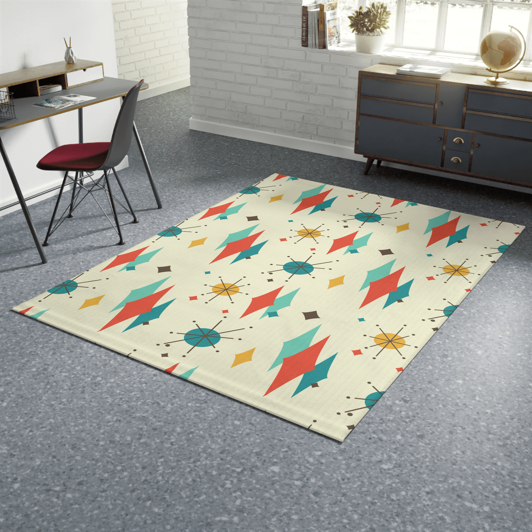 Mid Century Modern Atomic Franciscan Retro MCM Mid Mod, Creamy Beige, Teal, Aqua, Mustard Yellow Area Rug Home Decor