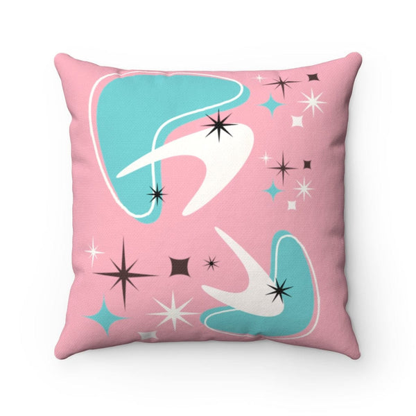 Mid Century Modern Atomic Pink, Boomerang, Aqua Blue, White, Starburst MCM Mid Mod Spun Polyester Square Pillow