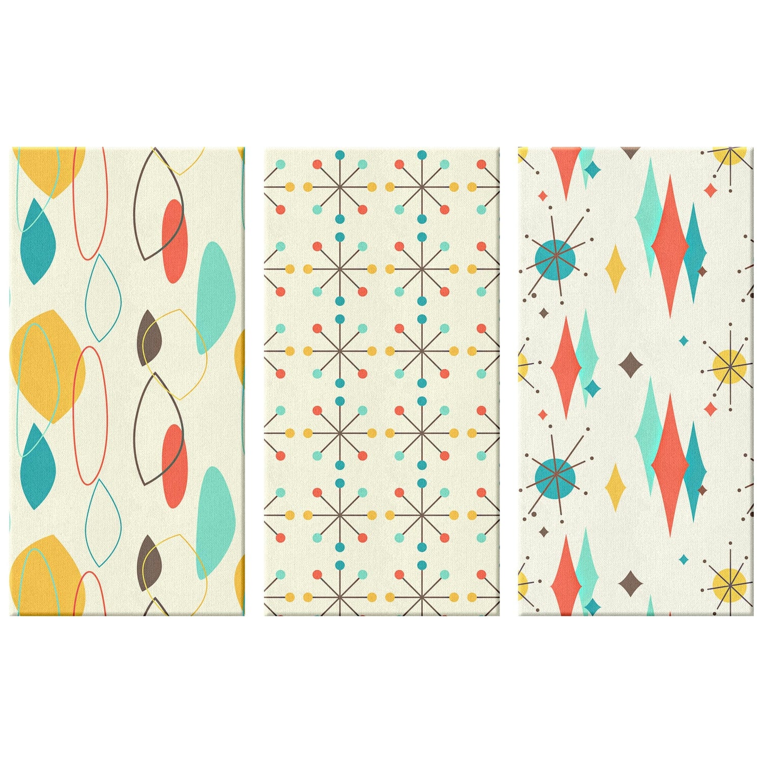 Mid Century Modern, Atomic Starburst, Clock, Abstract, Retro Mid Mod MCM Three Piece Canvas Wall Art Wall Art