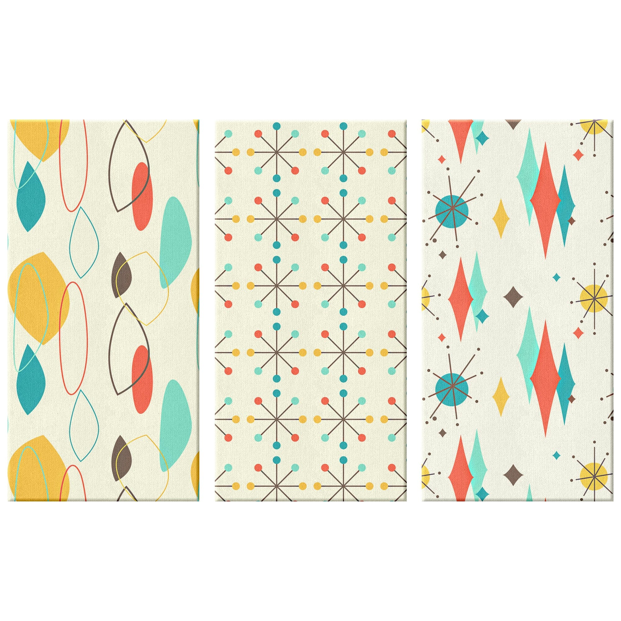 Mid Century Modern, Atomic Starburst, Clock, Abstract, Retro Mid Mod MCM Three Piece Canvas Wall Art Wall Art