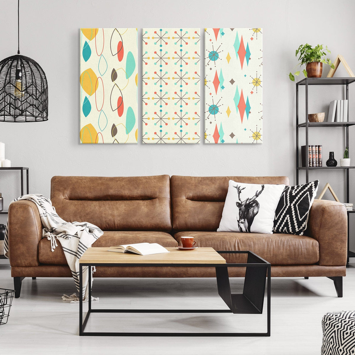 Mid Century Modern, Atomic Starburst, Clock, Abstract, Retro Mid Mod MCM Three Piece Canvas Wall Art Wall Art