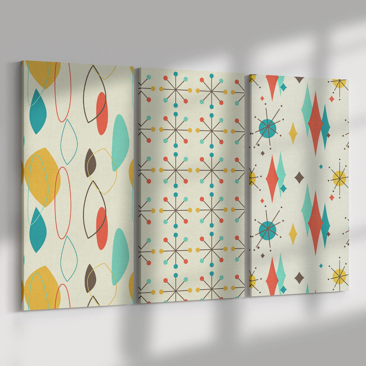 Mid Century Modern, Atomic Starburst, Clock, Abstract, Retro Mid Mod MCM Three Piece Canvas Wall Art Wall Art