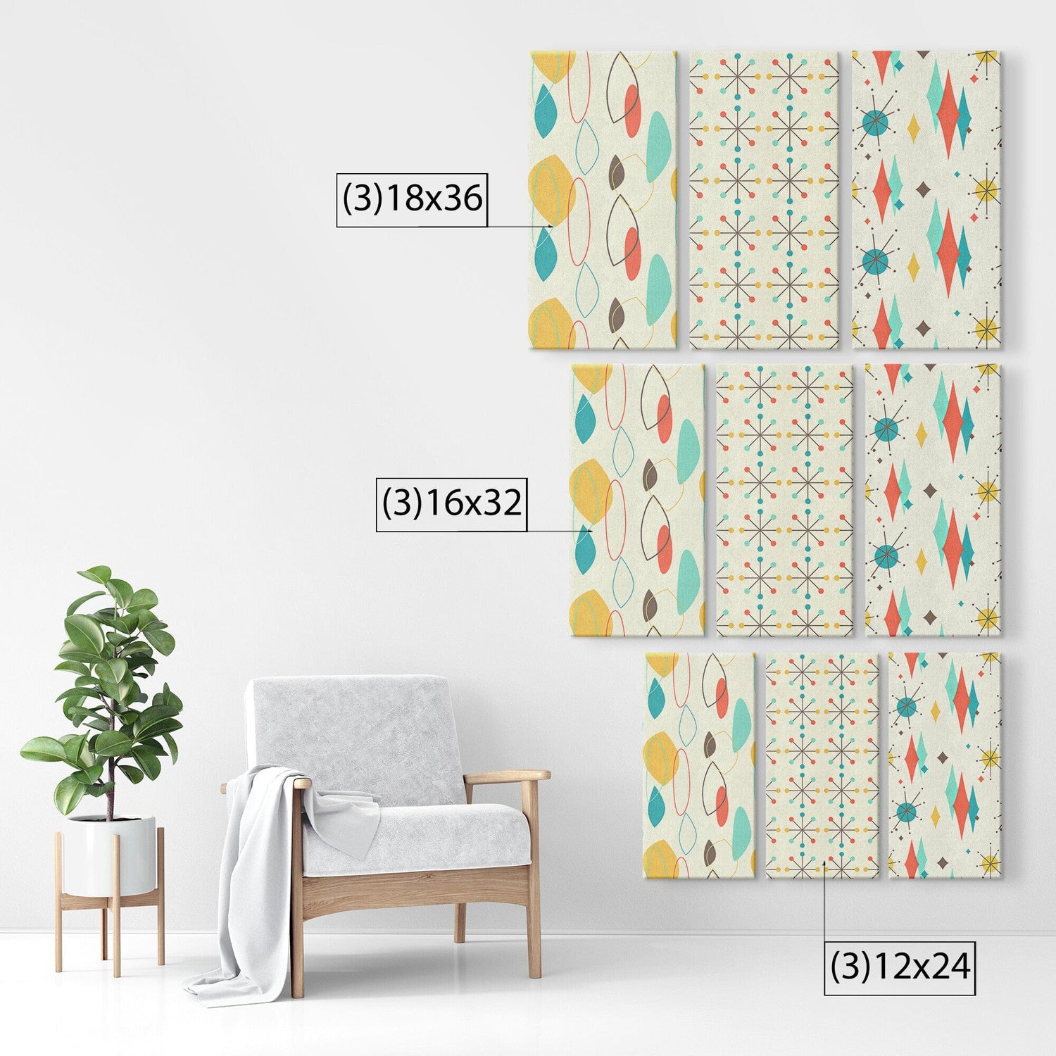 Mid Century Modern, Atomic Starburst, Clock, Abstract, Retro Mid Mod MCM Three Piece Canvas Wall Art Wall Art