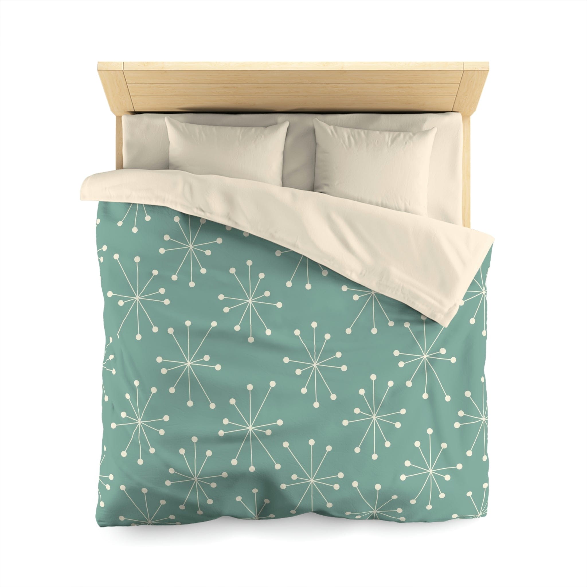 Mid Century Modern, Atomic Starburst, Cream Stars, Aqua Blue Green Microfiber Duvet Cover Home Decor