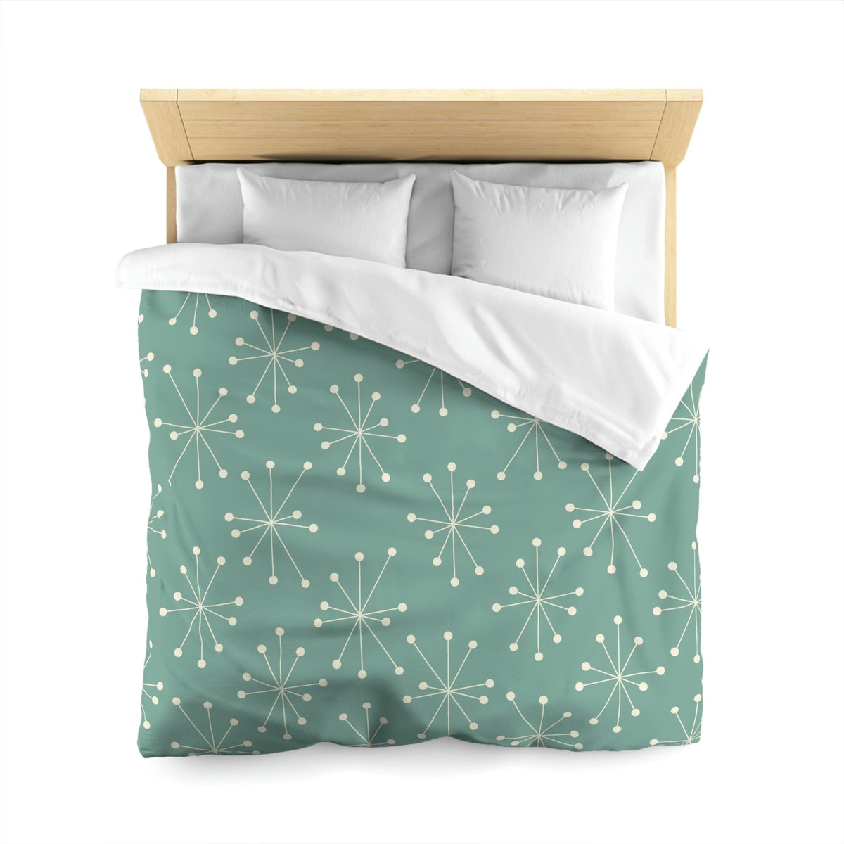 Mid Century Modern, Atomic Starburst, Cream Stars, Aqua Blue Green Microfiber Duvet Cover Home Decor