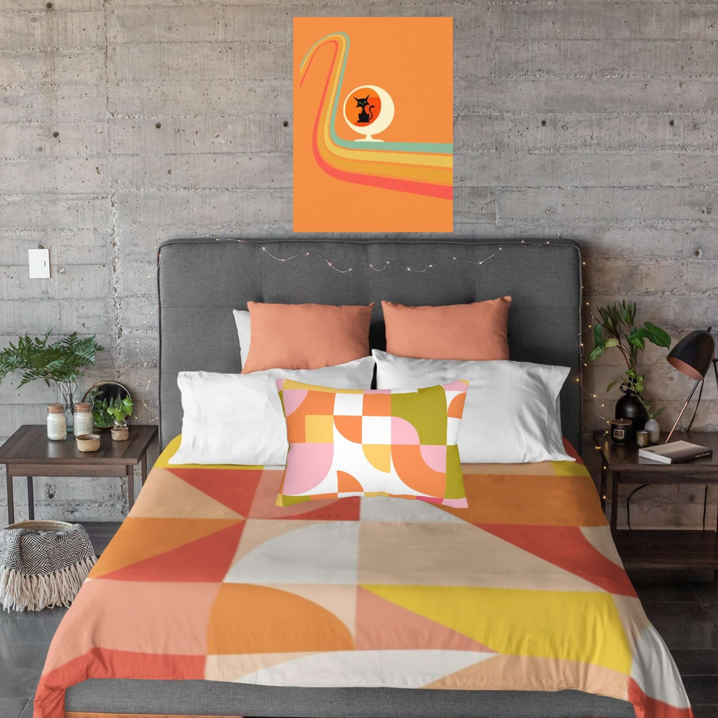 Mid Century Modern Bedding Bright Yellow, Orange, Pink, Beige Retro Geometric MCM Design Duvet Cover