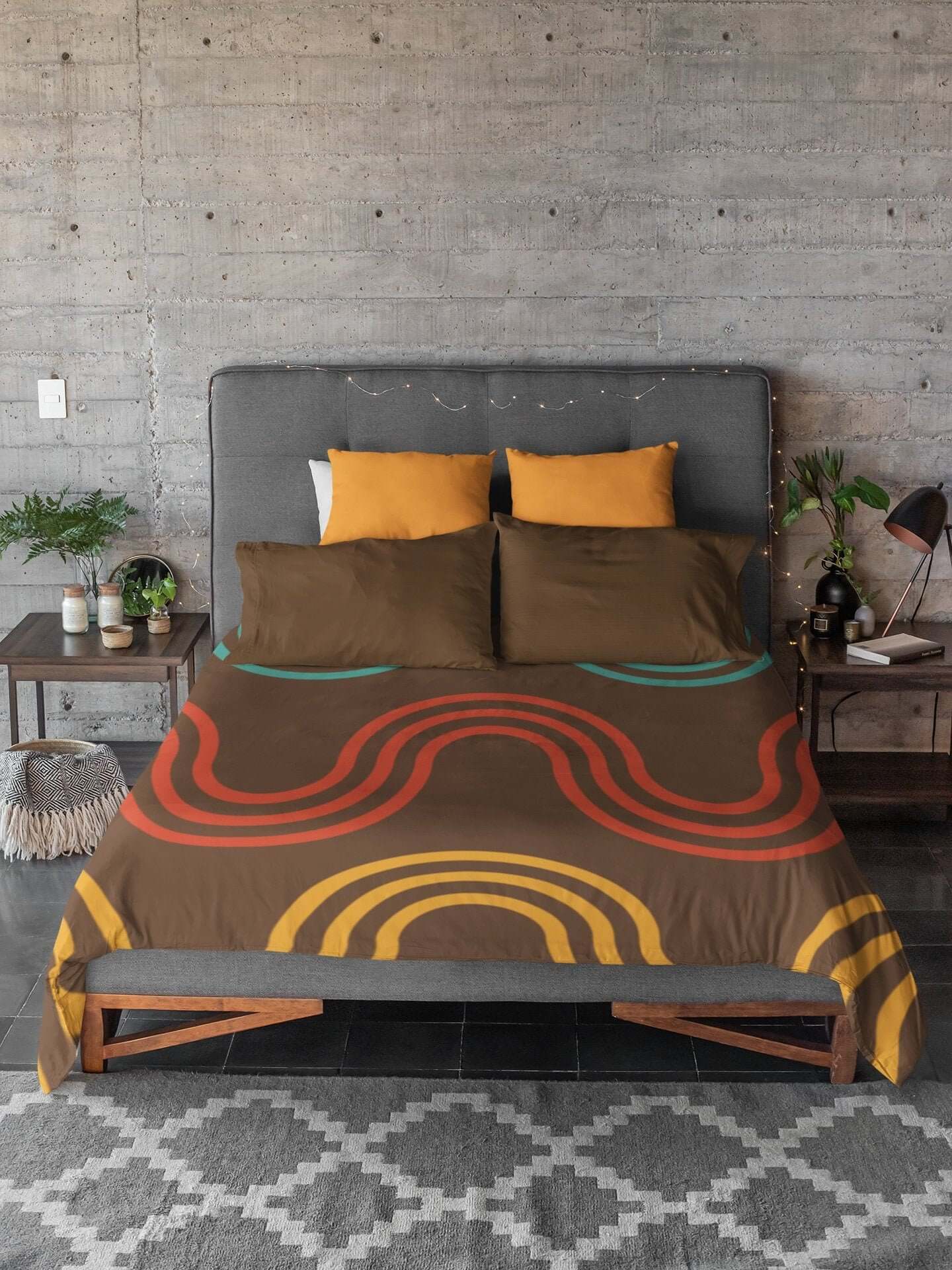 Mid Century Modern Bedding Microfiber Duvet Cover Chocolate Brown, Blue, Mustard Yellow Retro Boho Vibe