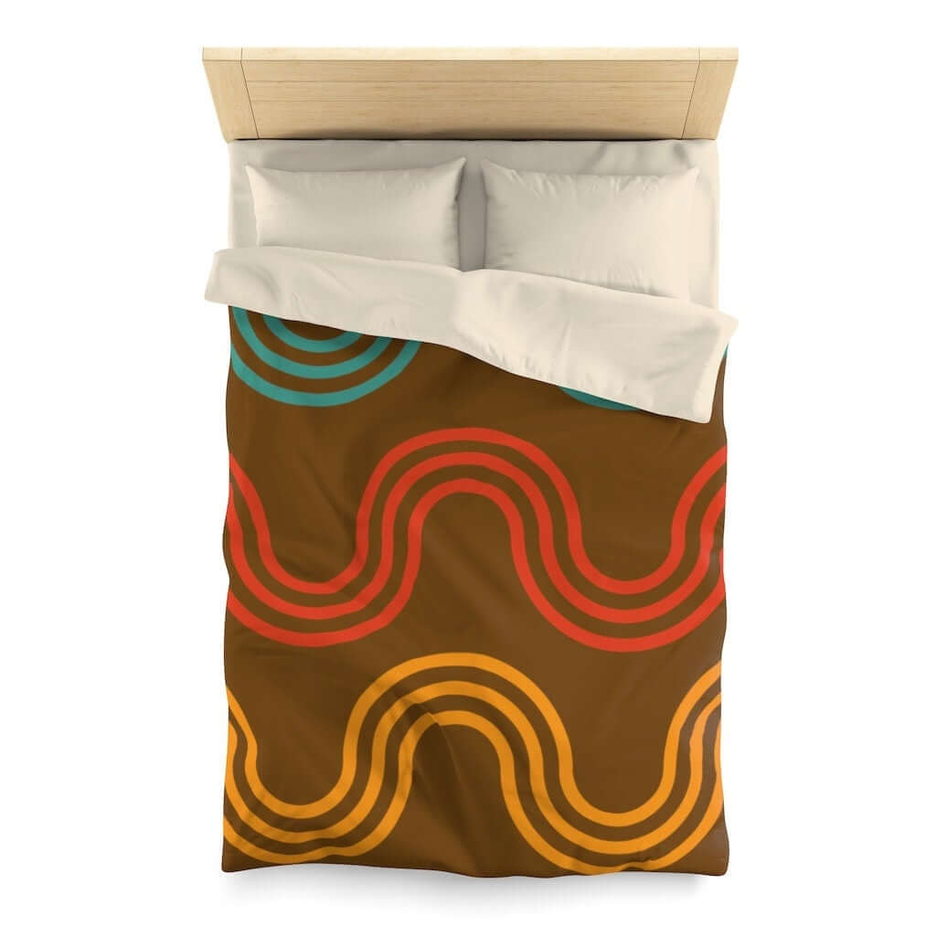 Mid Century Modern Bedding Microfiber Duvet Cover Chocolate Brown, Blue, Mustard Yellow Retro Boho Vibe
