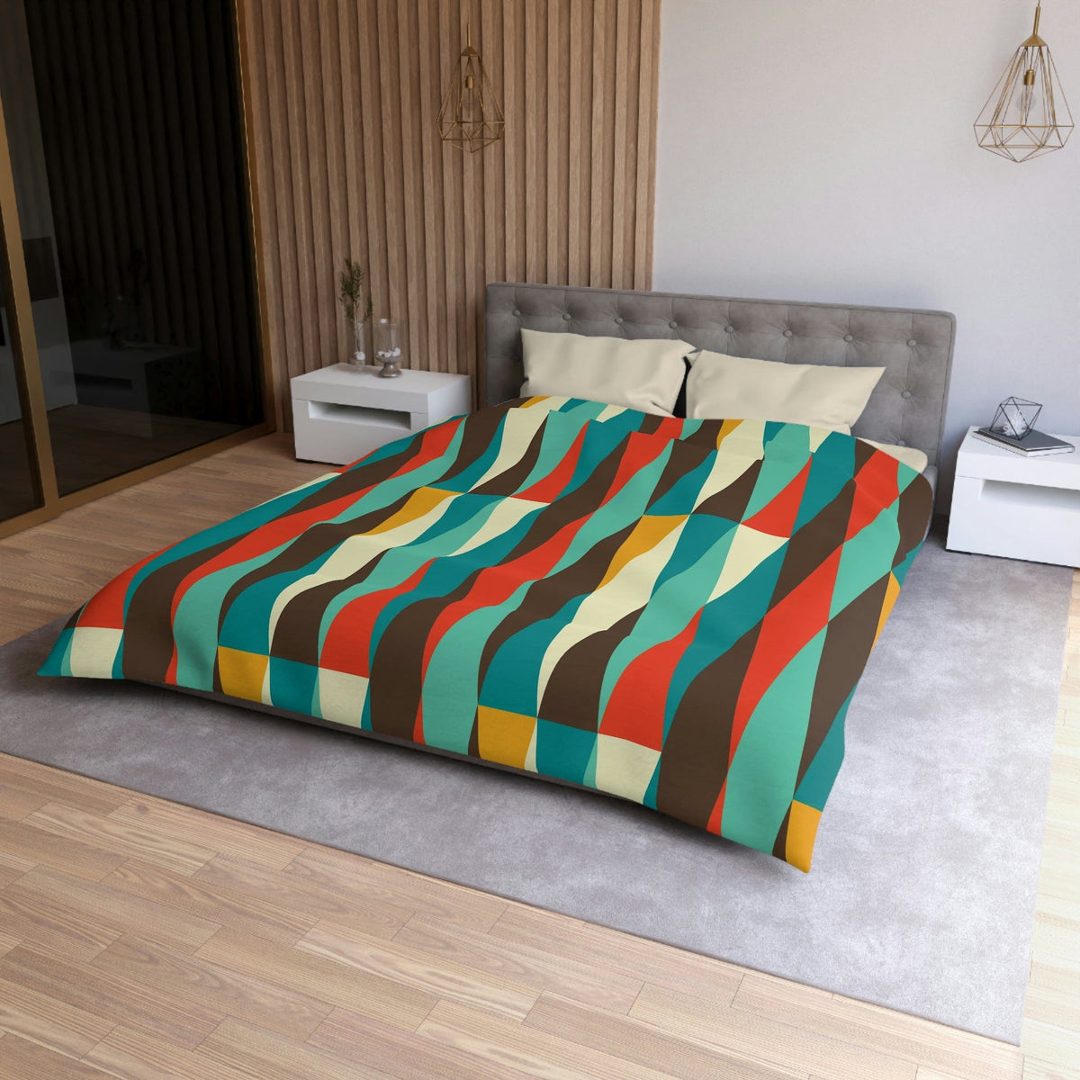 Mid Century Modern Bedding, Teal Blue, Cream, Burnt Orange, Chocolate Brown Geometric Atomic Diamonds MCM Mod Duvet Cover Home Decor