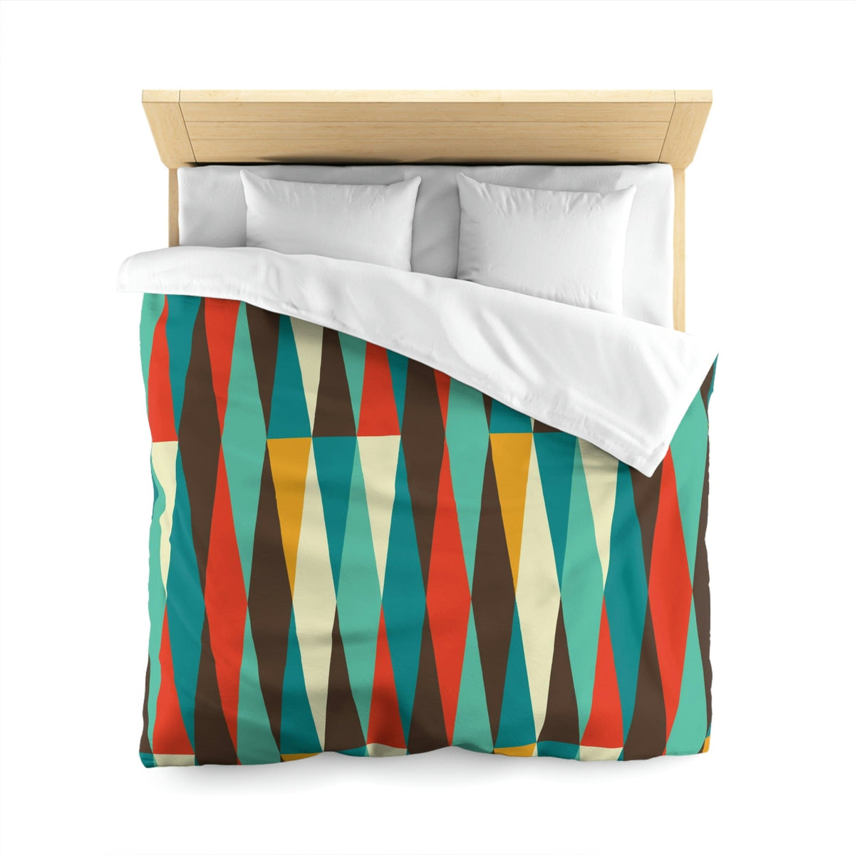 Mid Century Modern Bedding, Teal Blue, Cream, Burnt Orange, Chocolate Brown Geometric Atomic Diamonds MCM Mod Duvet Cover Home Decor