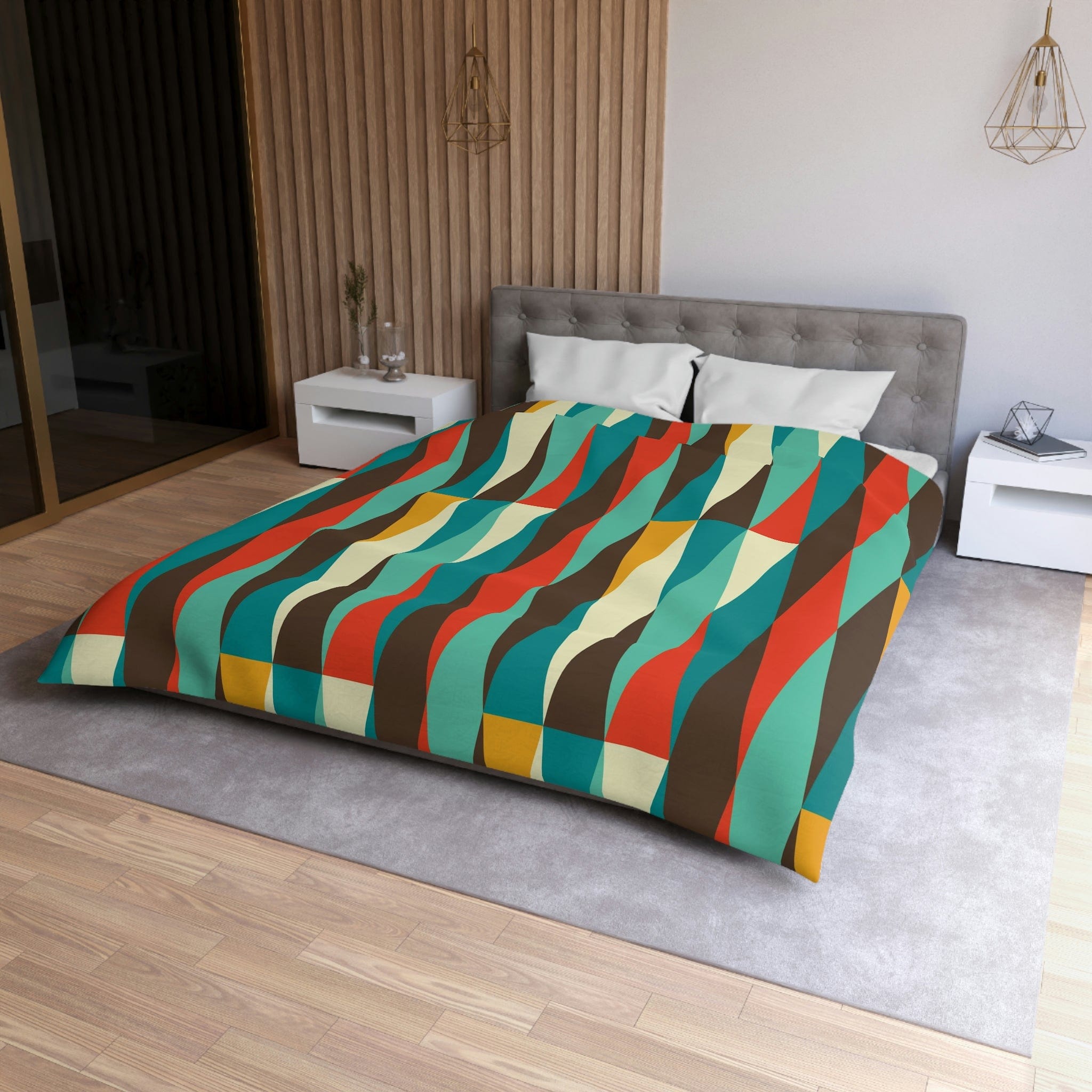 Mid Century Modern Bedding, Teal Blue, Cream, Burnt Orange, Chocolate Brown Geometric Atomic Diamonds MCM Mod Duvet Cover Home Decor
