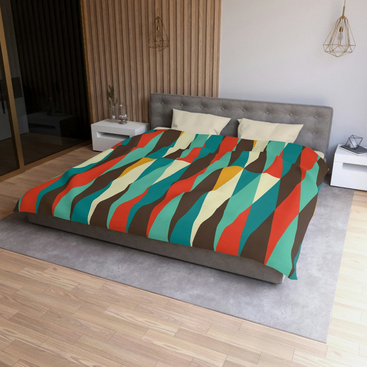 Mid Century Modern Bedding, Teal Blue, Cream, Burnt Orange, Chocolate Brown Geometric Atomic Diamonds MCM Mod Duvet Cover Home Decor