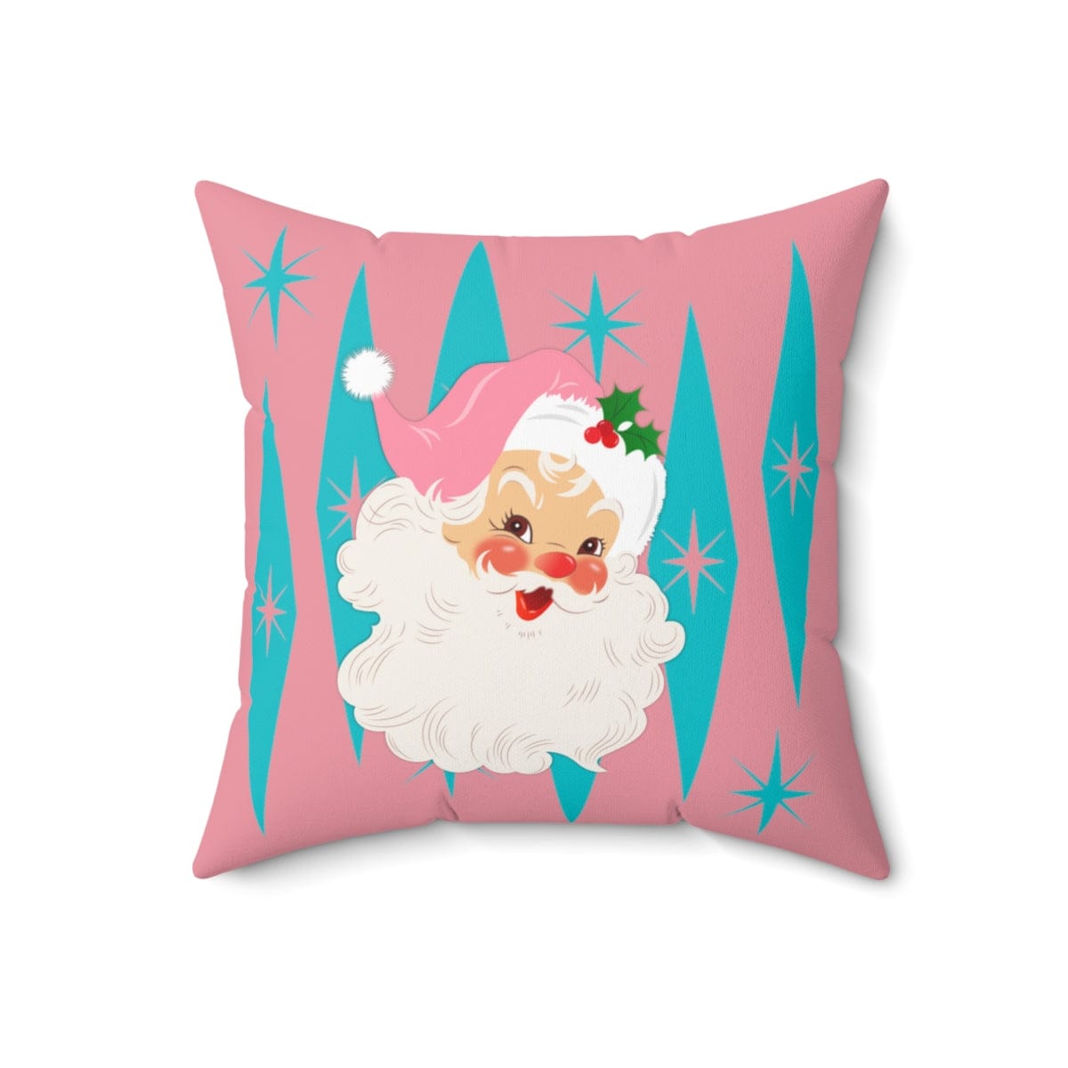 Mid Century Modern Christmas Smiling Vintage Santa, Pink, Aqua Blue Pillow And Insert Home Decor
