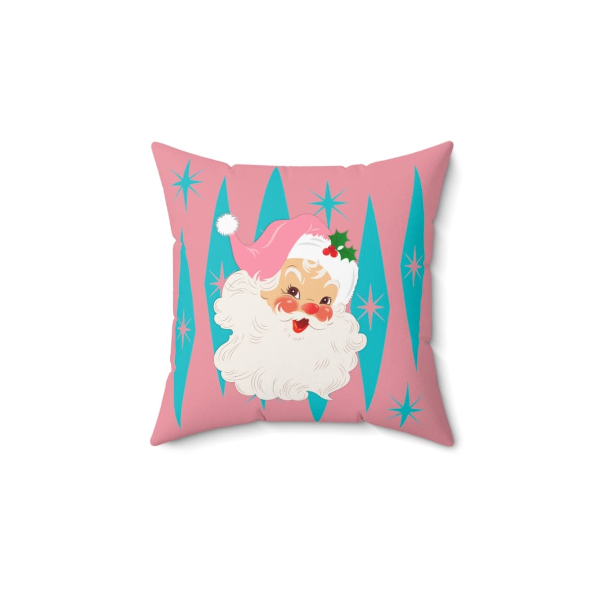 Mid Century Modern Christmas Smiling Vintage Santa, Pink, Aqua Blue Pillow And Insert Home Decor
