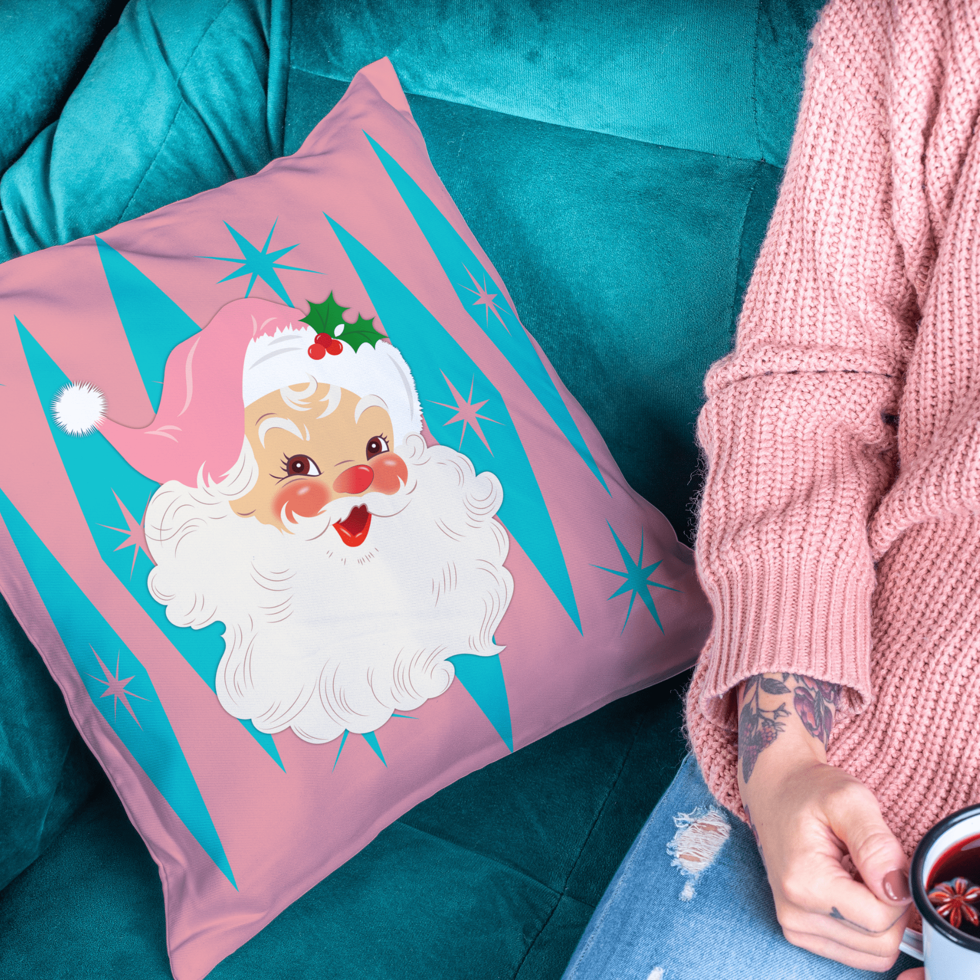 Mid Century Modern Christmas Smiling Vintage Santa, Pink, Aqua Blue Pillow And Insert Home Decor