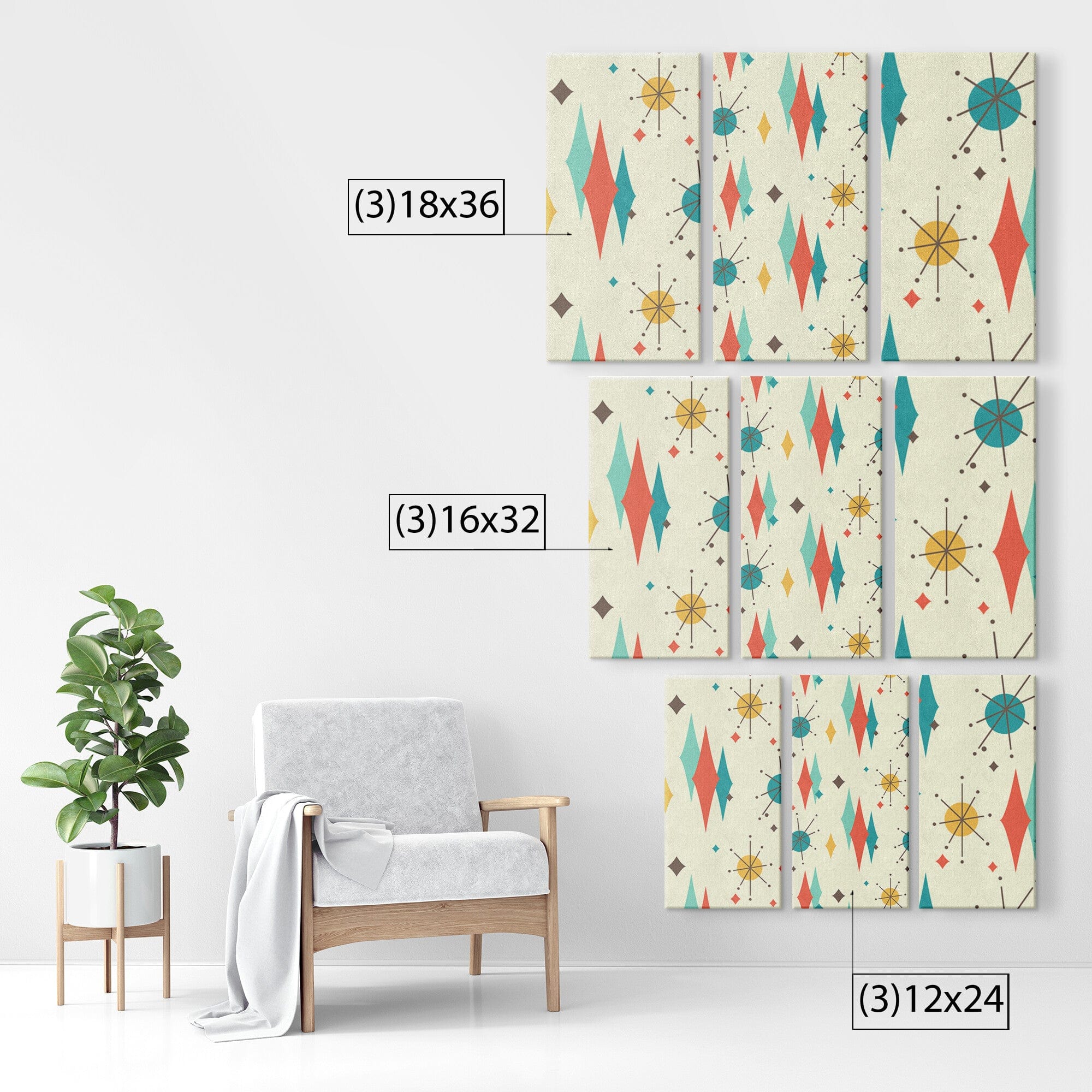 Mid Century Modern Franciscan Diamond Retro Three Piece Canvas Custom Art Wall Art