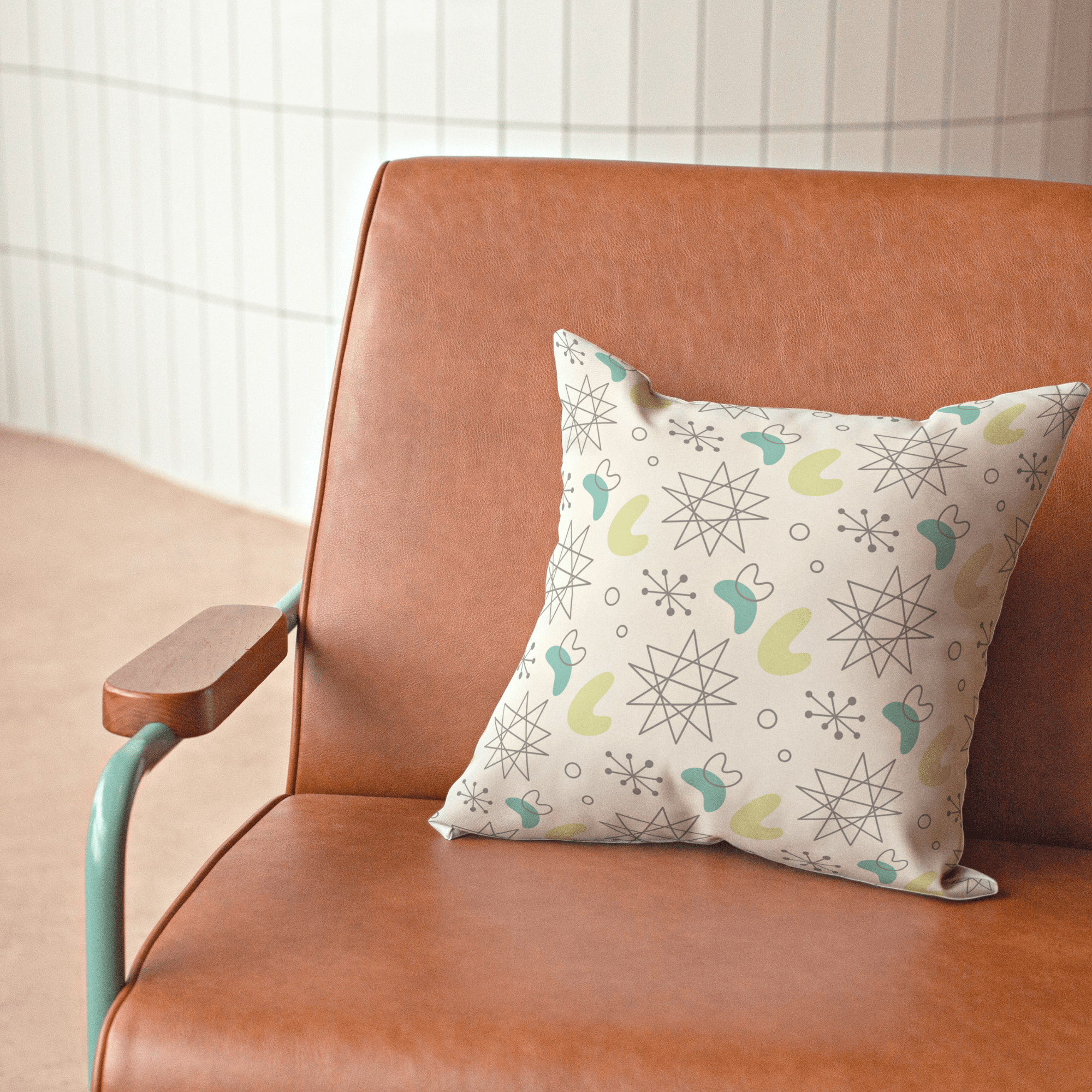 Mid Century Modern, Futuristic, Atomic Home Living, Retro, Boomerang, Creamy White, Green,Yellow, Gray MCM Pillow And Insert Home Decor