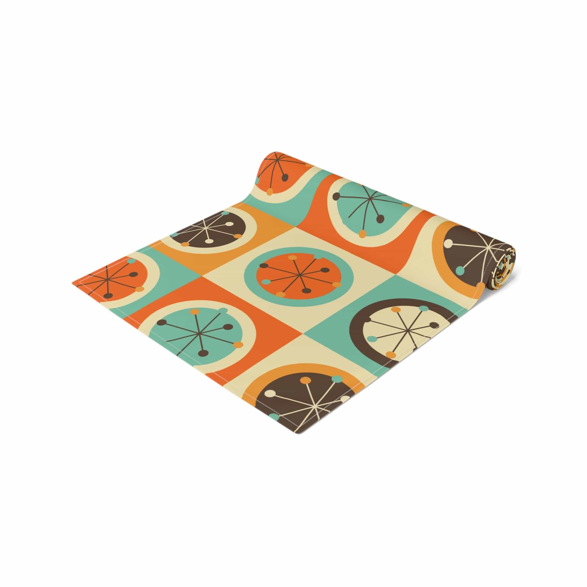 Mid Century Modern Geometric, Starburst, Orange, Brown, Aqua, Retro Table Runner Home Decor