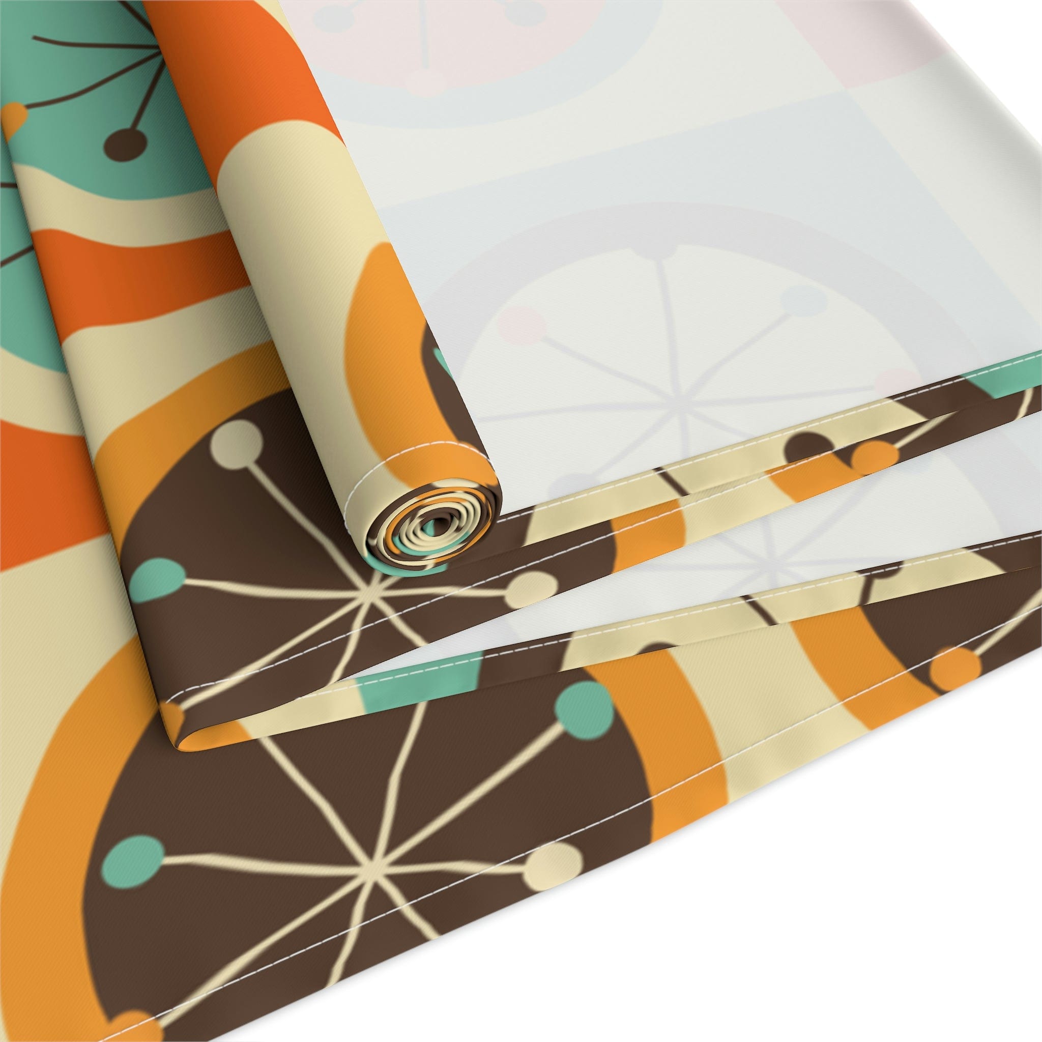 Mid Century Modern Geometric, Starburst, Orange, Brown, Aqua, Retro Table Runner Home Decor