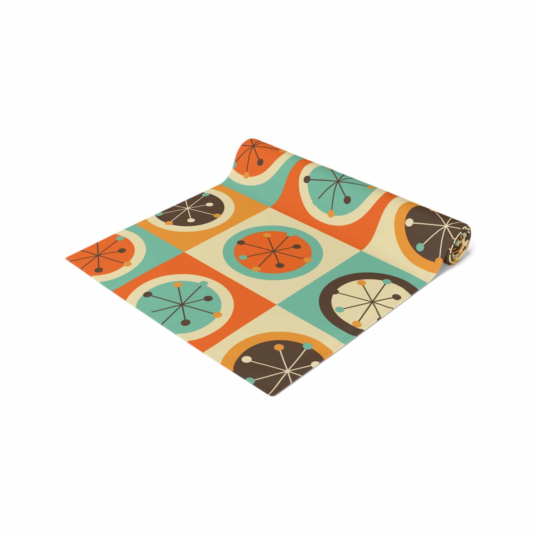 Mid Century Modern Geometric, Starburst, Orange, Brown, Aqua, Retro Table Runner Home Decor