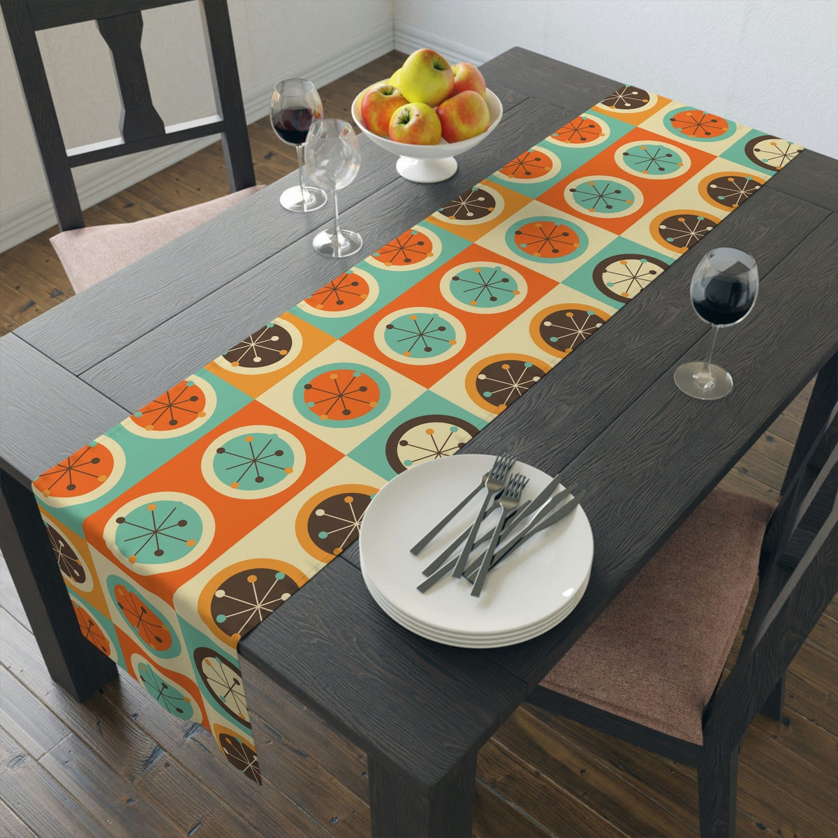 Mid Century Modern Geometric, Starburst, Orange, Brown, Aqua, Retro Table Runner Home Decor