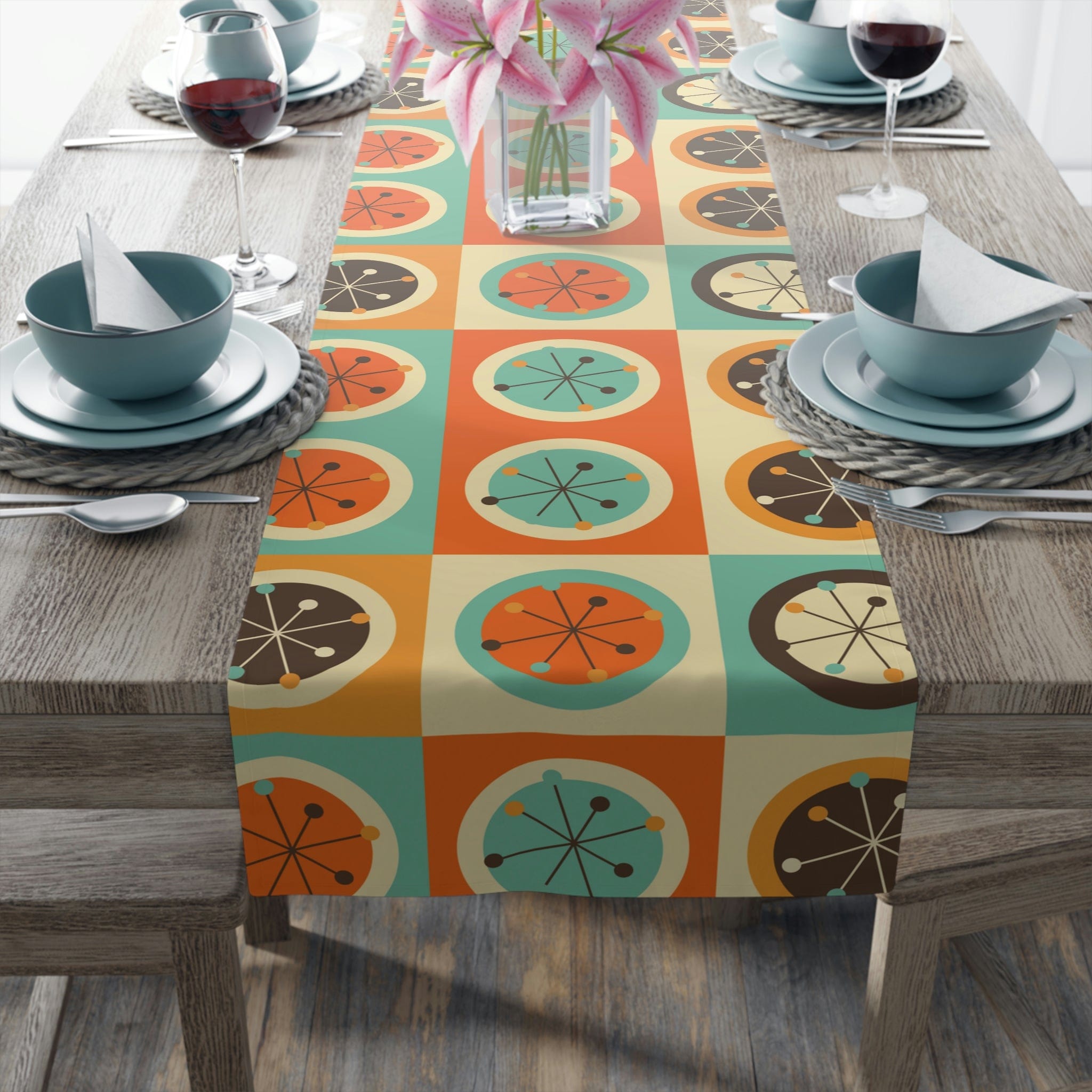 Mid Century Modern Geometric, Starburst, Orange, Brown, Aqua, Retro Table Runner Home Decor