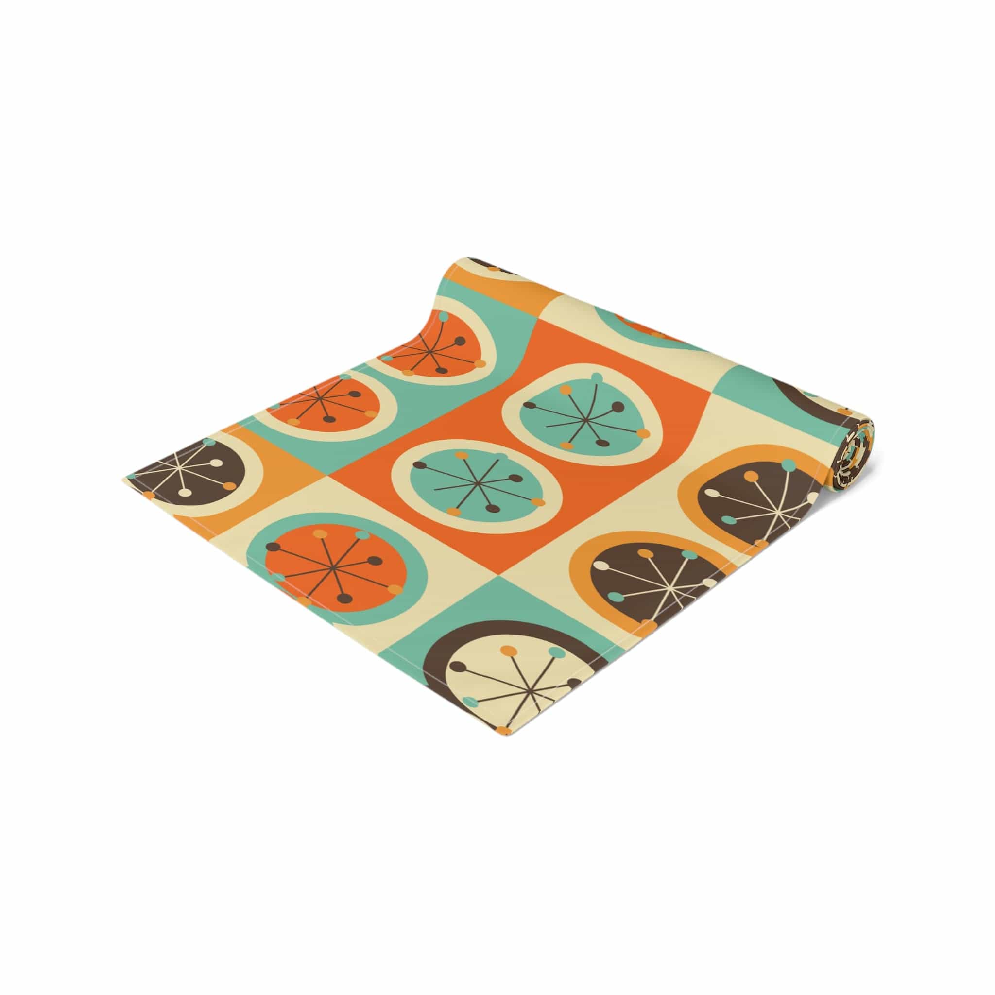 Mid Century Modern Geometric, Starburst, Orange, Brown, Aqua, Retro Table Runner Home Decor