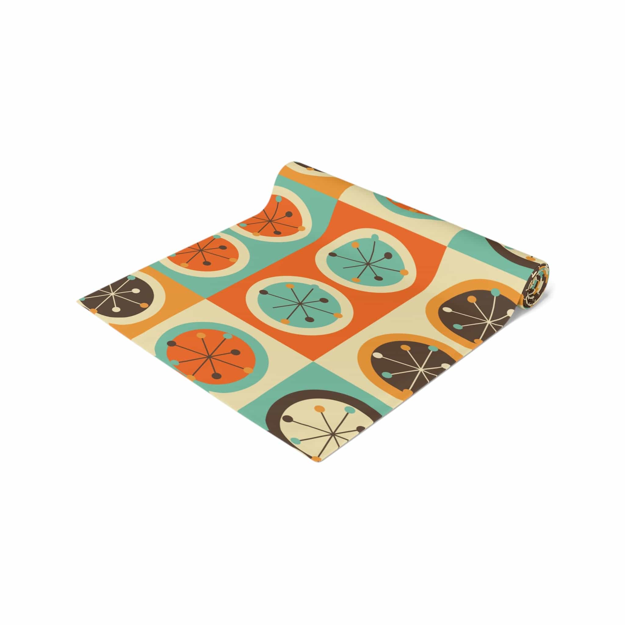 Mid Century Modern Geometric, Starburst, Orange, Brown, Aqua, Retro Table Runner Home Decor
