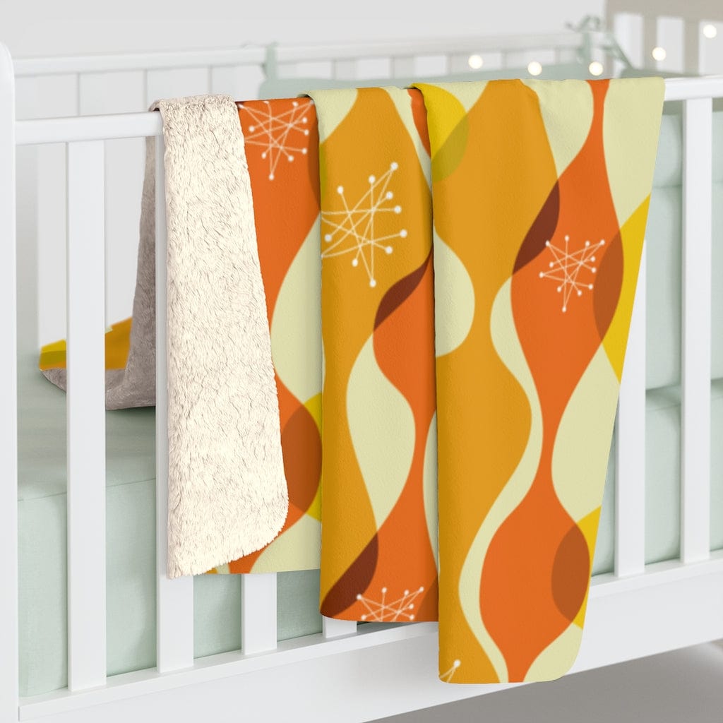 Mid Century Modern Geometric, Yellow, Orange, Retro Mid Mod Atomic Living MCM Home Decor Cozy Sherpa Fleece Blanket Home Decor