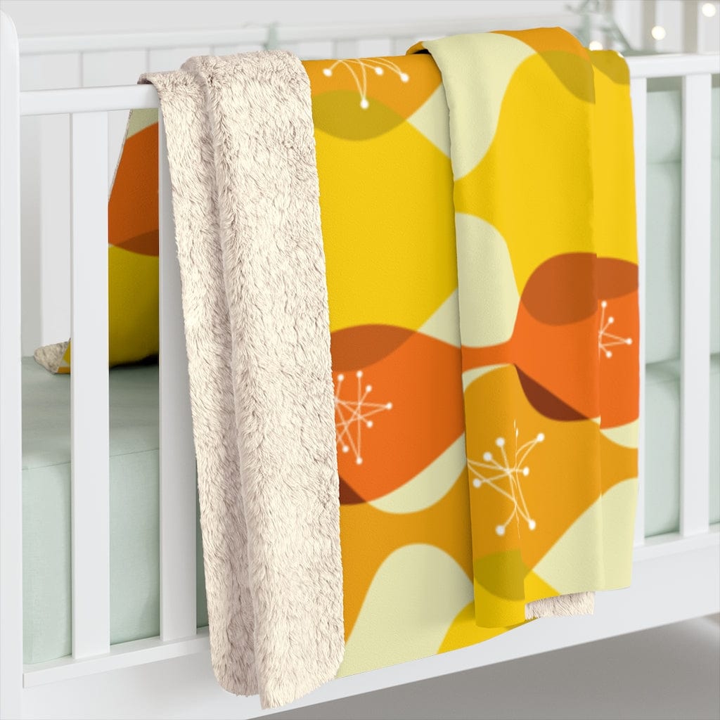 Mid Century Modern Geometric, Yellow, Orange, Retro Mid Mod Atomic Living MCM Home Decor Cozy Sherpa Fleece Blanket Home Decor