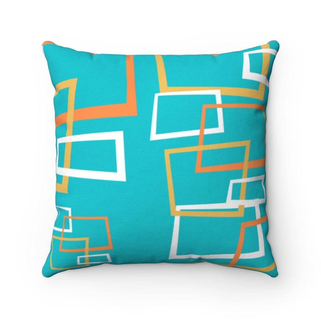 Mid Century Modern, Googie, Geometric, Aqua Blue, Orange, White, Yellow Atomic Age Living MCM Mid MOD Spun Polyester Square Pillow Home Decor